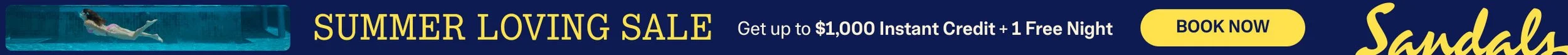 Banner advertisement for a summer sale offering up to $1,000 instant credit and one free night, with a yellow 'Book Now' button.