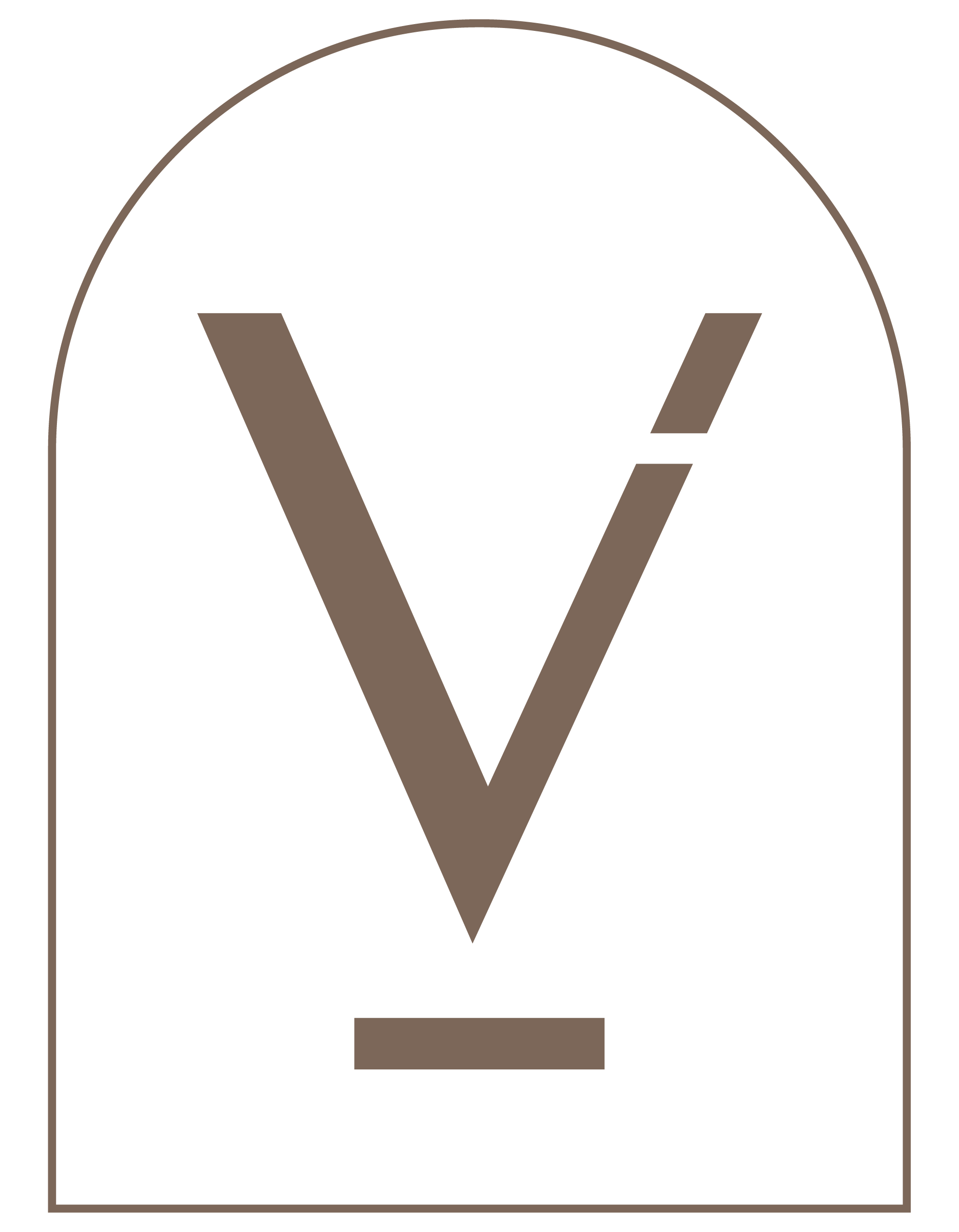 Black background with a large taupe-colored V-shaped symbol inside a taupe border arch.