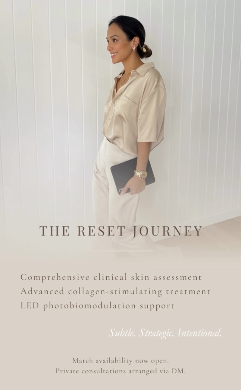 A woman in beige clothing holding a tablet, standing against a white paneled wall with promotional text about skin assessment and treatment services.