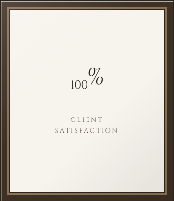 Certificate of 100% client satisfaction with a beige and brown border.