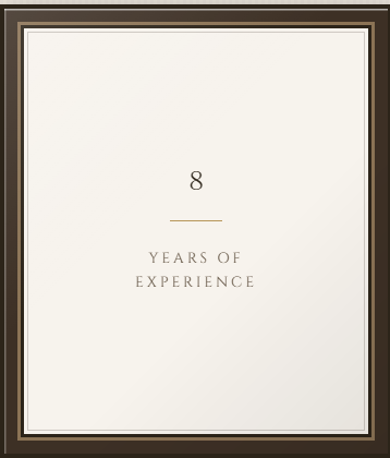 Elegant certificate with the number 8 and the words 'Years of Experience' on a light background and dark border.