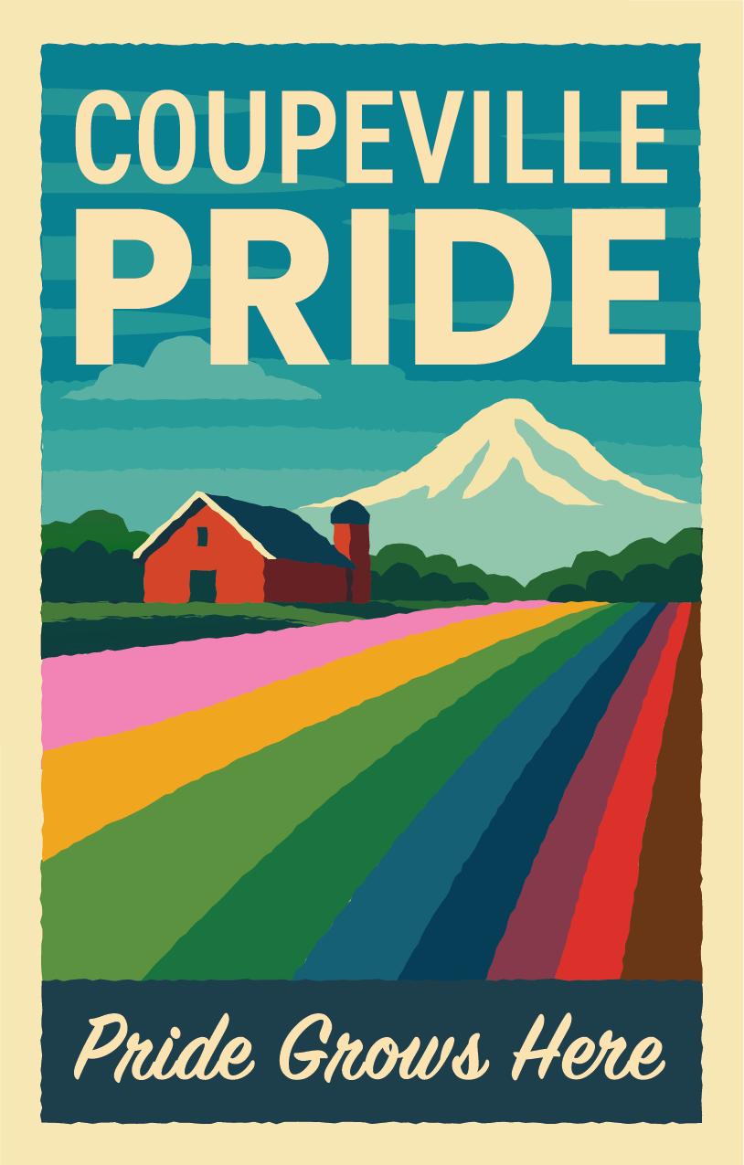 Illustration of a rural landscape with a barn, colorful rainbow fields, trees, and a snow-capped mountain in the background. The top text reads 'Coupville Pride' and the bottom text says 'Pride Grows Here.'