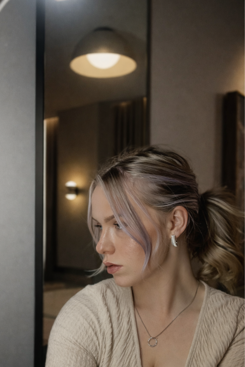 A woman with blonde hair tied in a ponytail and purple highlights, wearing silver earrings and a beige top, looking at a mirror in a salon or dressing room.