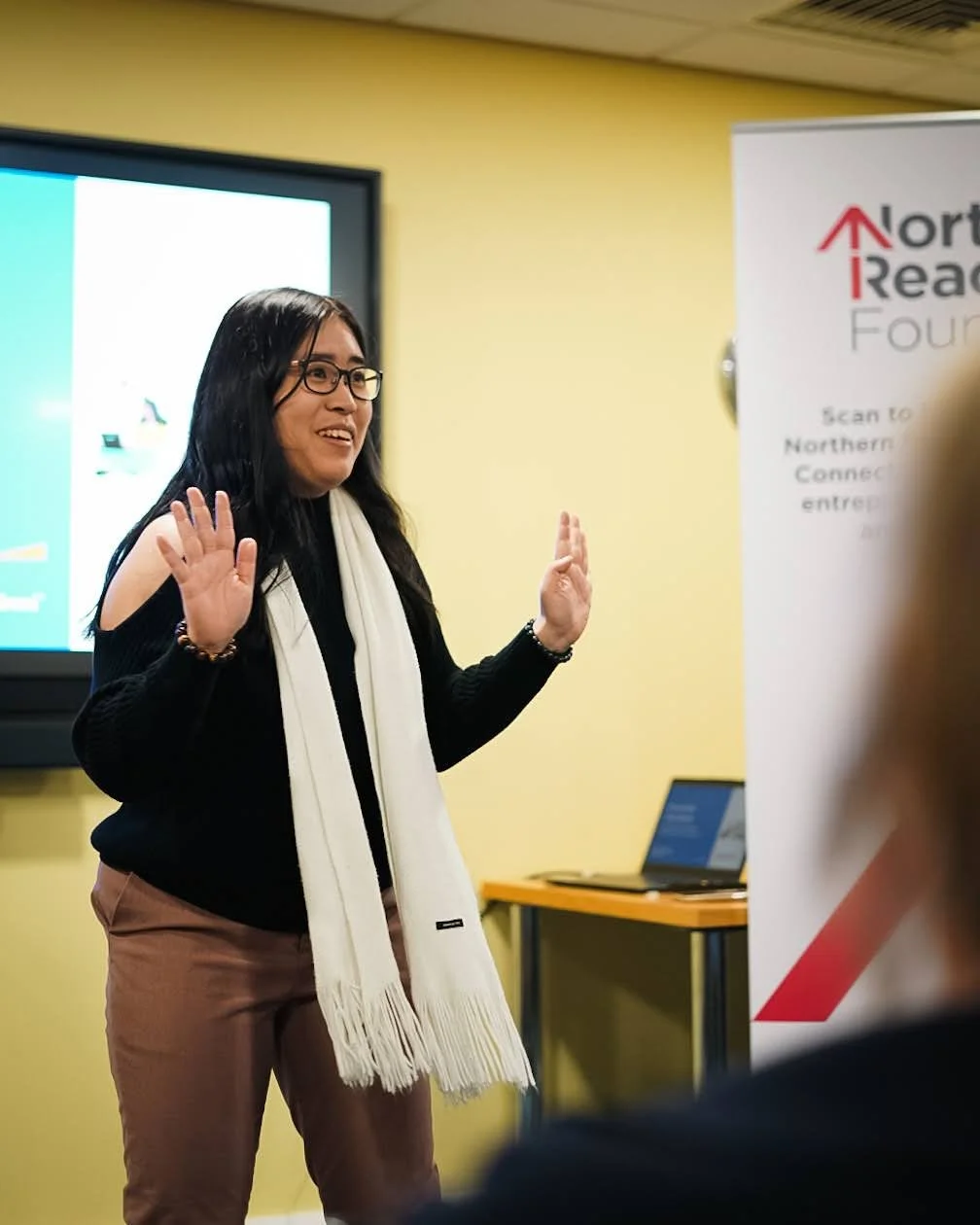 Maharani (Rani) Hariga speaking in a tech event in Lancashire.