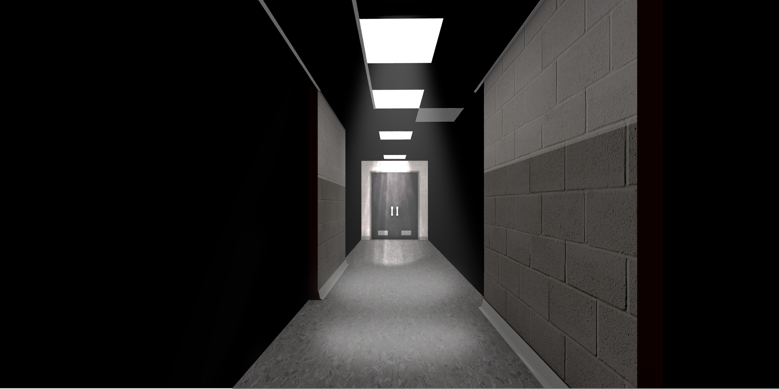 A narrow hallway with gray brick walls, gray floor, and overhead fluorescent lights leading to an elevator door at the end.
