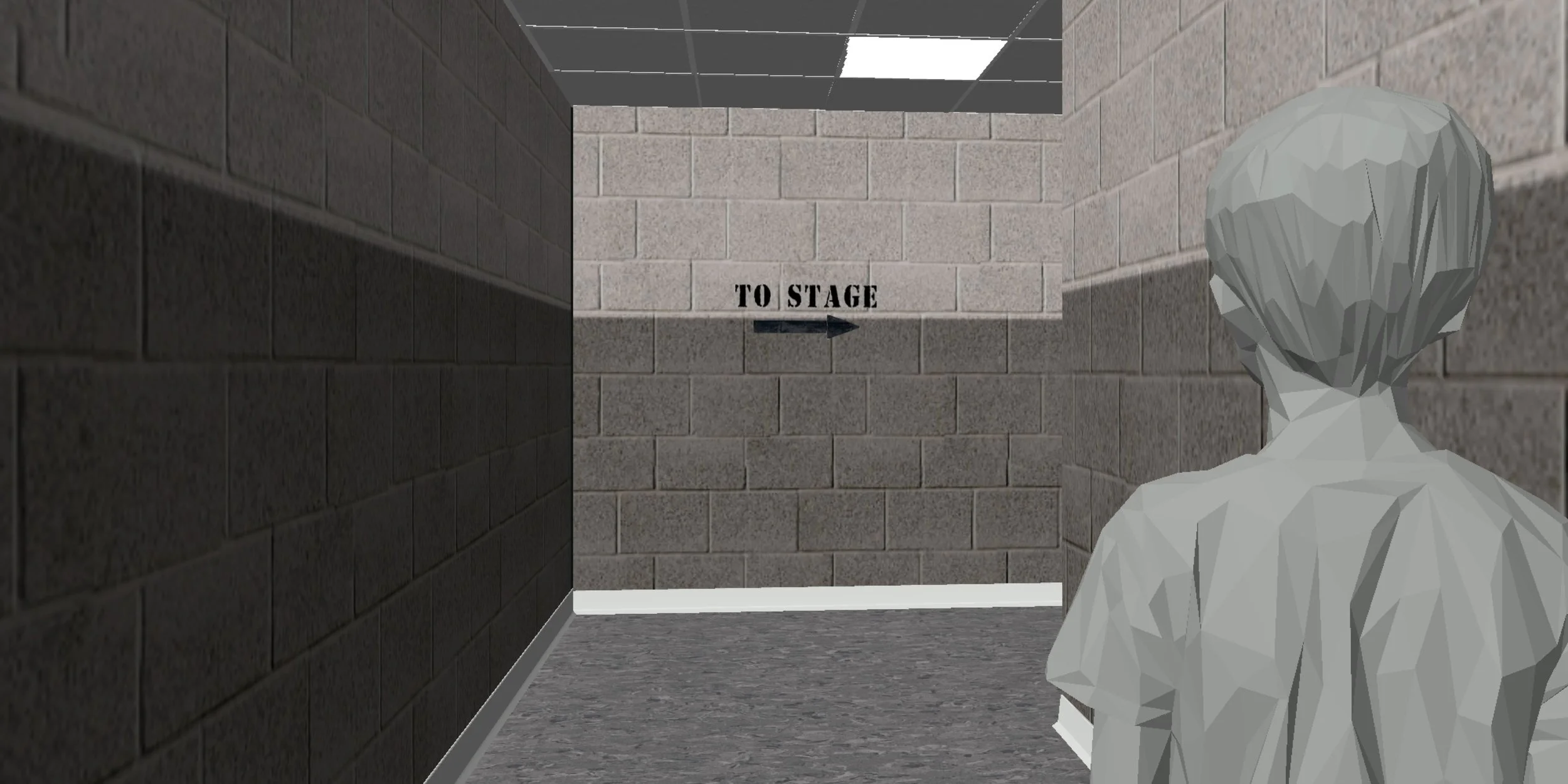 A person with a blocky, polygonal 3D model appearance in a hallway looking toward a wall with a sign that says 'TO STAGE' with an arrow pointing to the right.