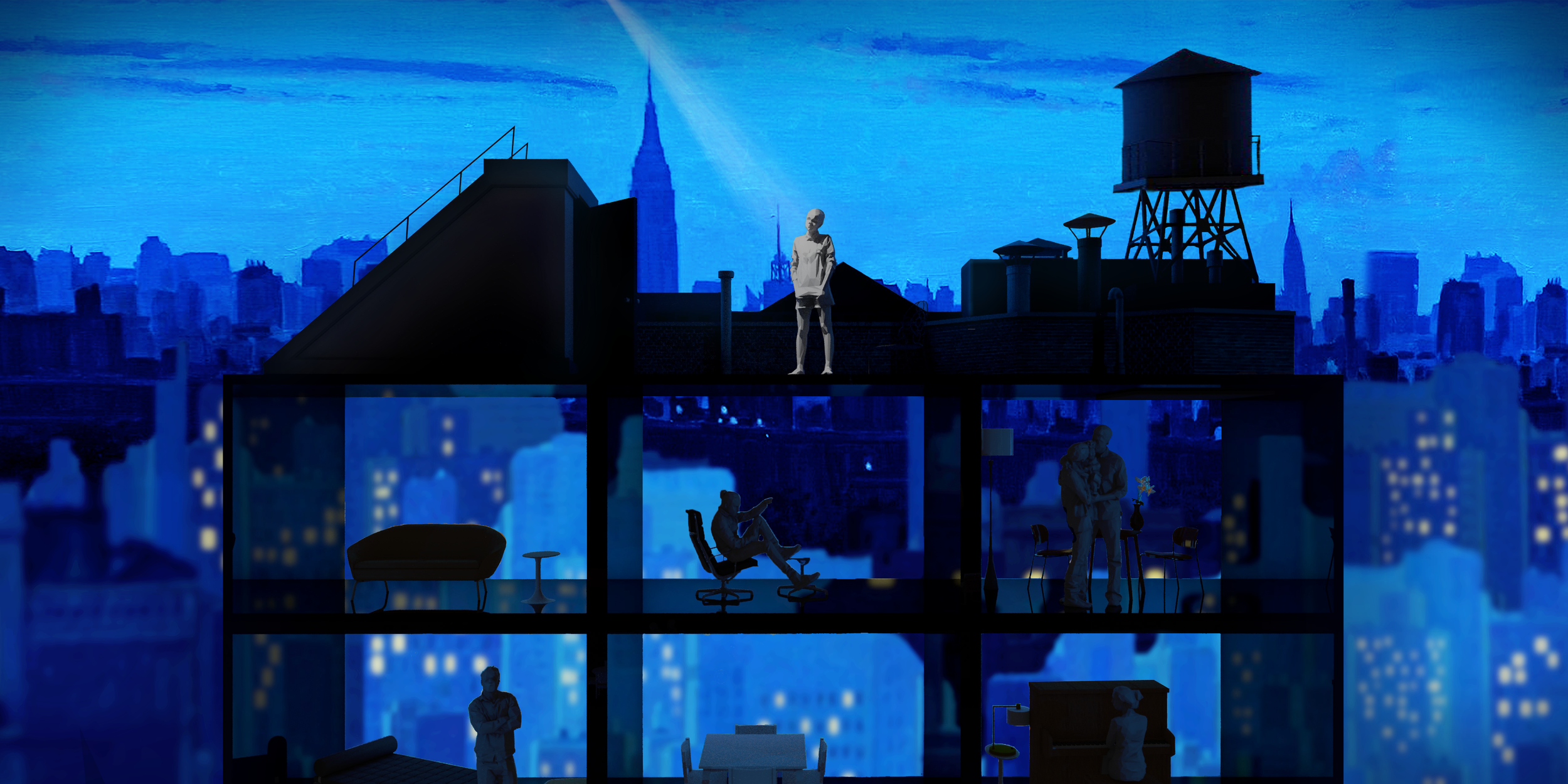 Multilevel modern apartment with city skyline mural, featuring silhouettes of people in various rooms, including a person sitting in a chair, a woman holding a child, and a man standing with arms crossed.