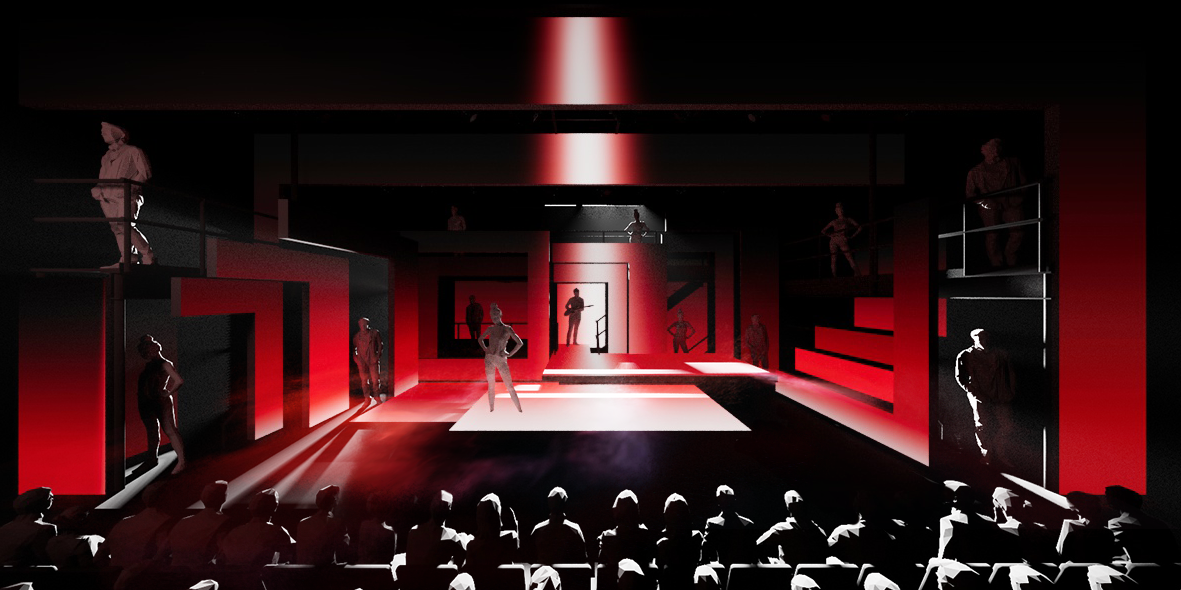 Theater stage with mannequins and audience silhouetted in black and white, lit by red and white lights, creating a futuristic scene.