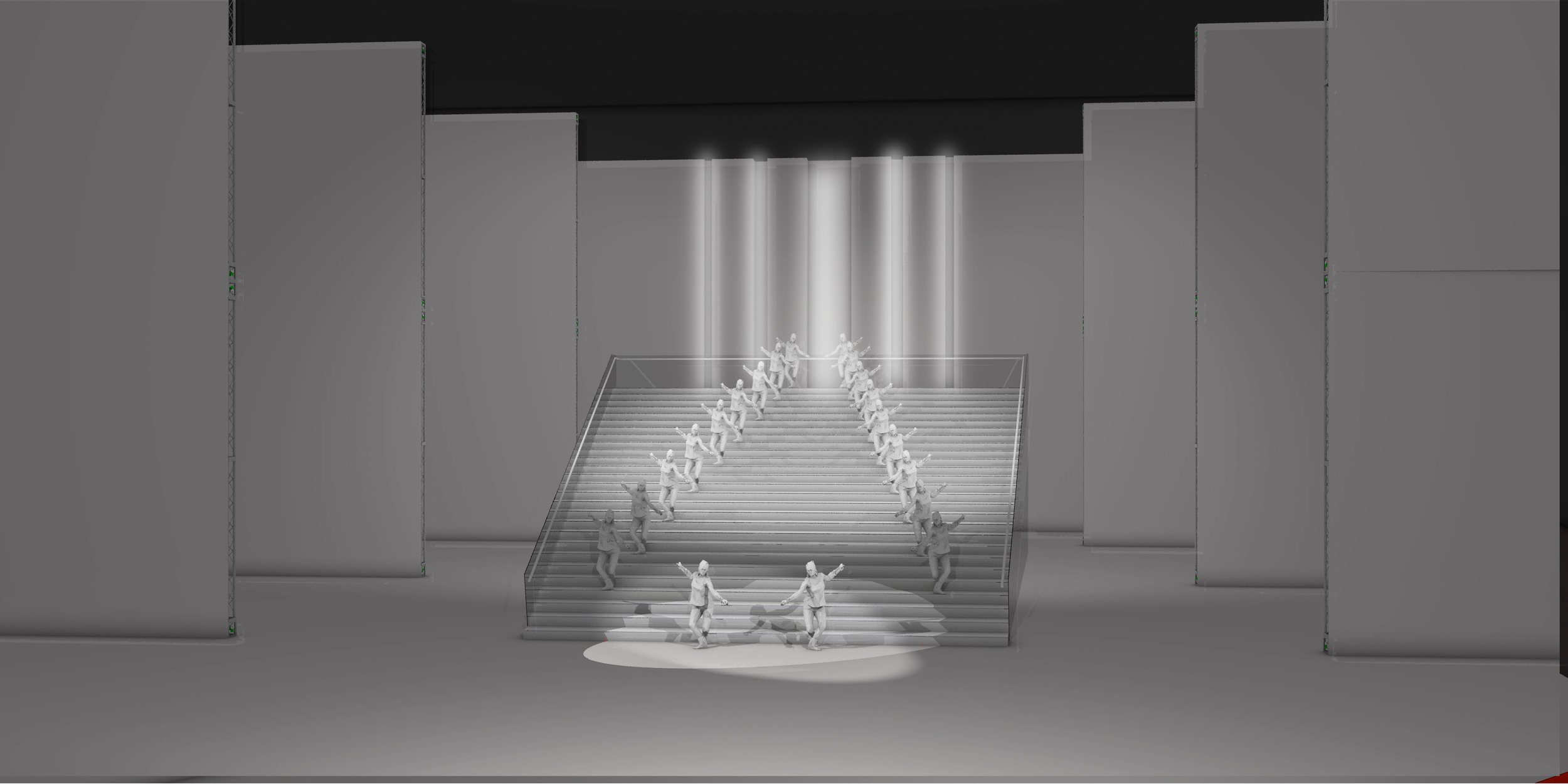 A digital rendering of a stage with a staircase in the center, illuminated by bright lights from above. There are numerous mannequins or figures on the stairs, arranged as if performing or posing.