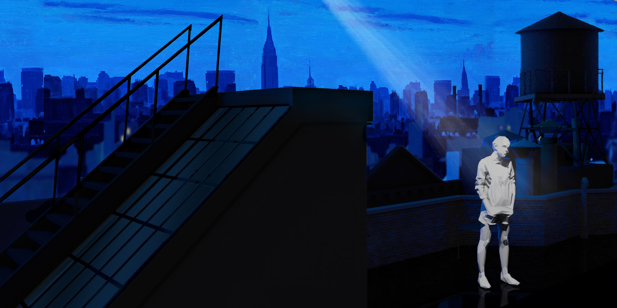 A digital painting of a city skyline at night viewed from a rooftop, featuring a silhouette of a man in geometric style standing near the edge, with water towers and skyscrapers in the background under a blue sky.