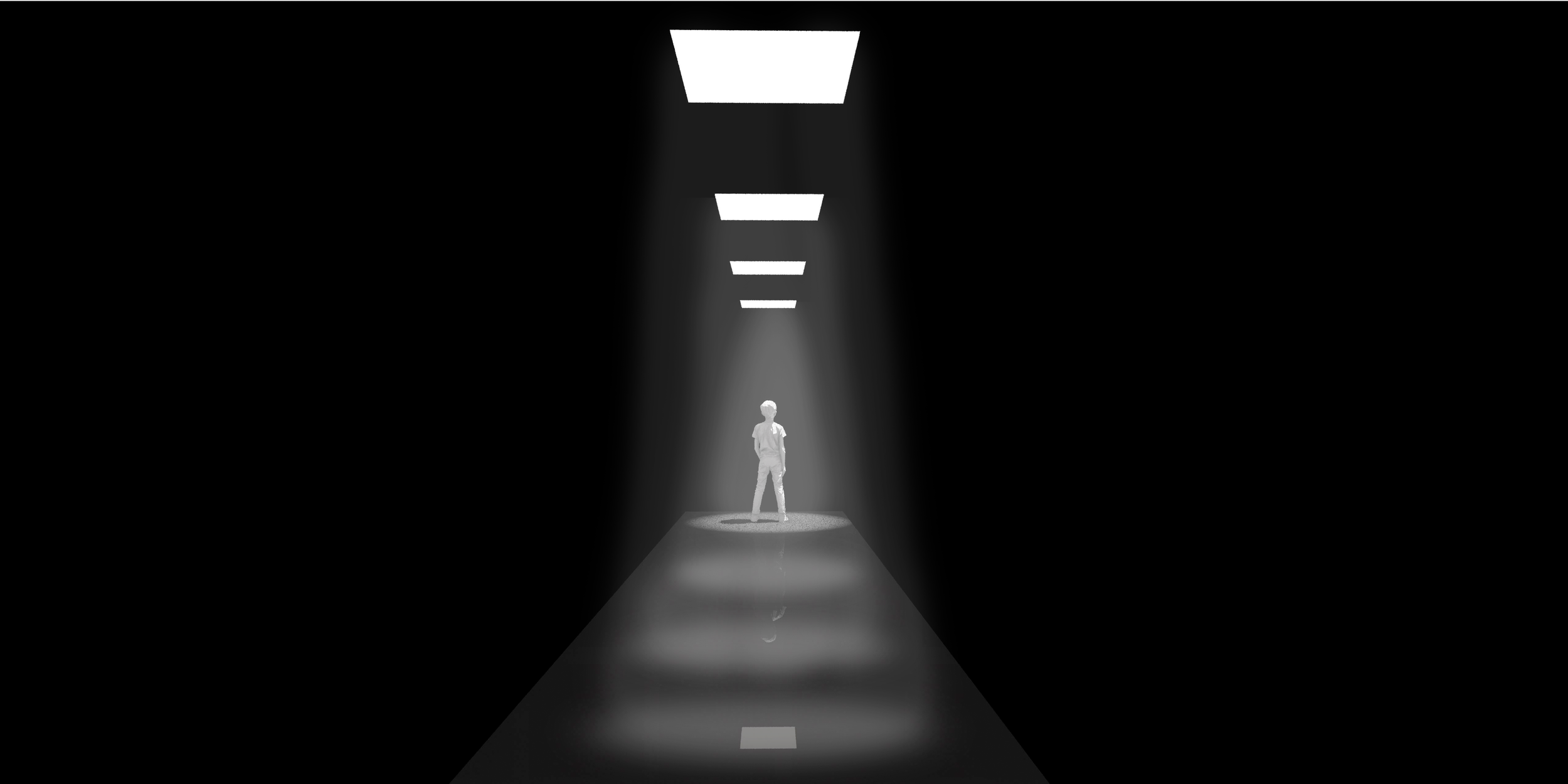 A person standing in a spotlight at the end of a dark hallway with rectangular ceiling lights overhead.
