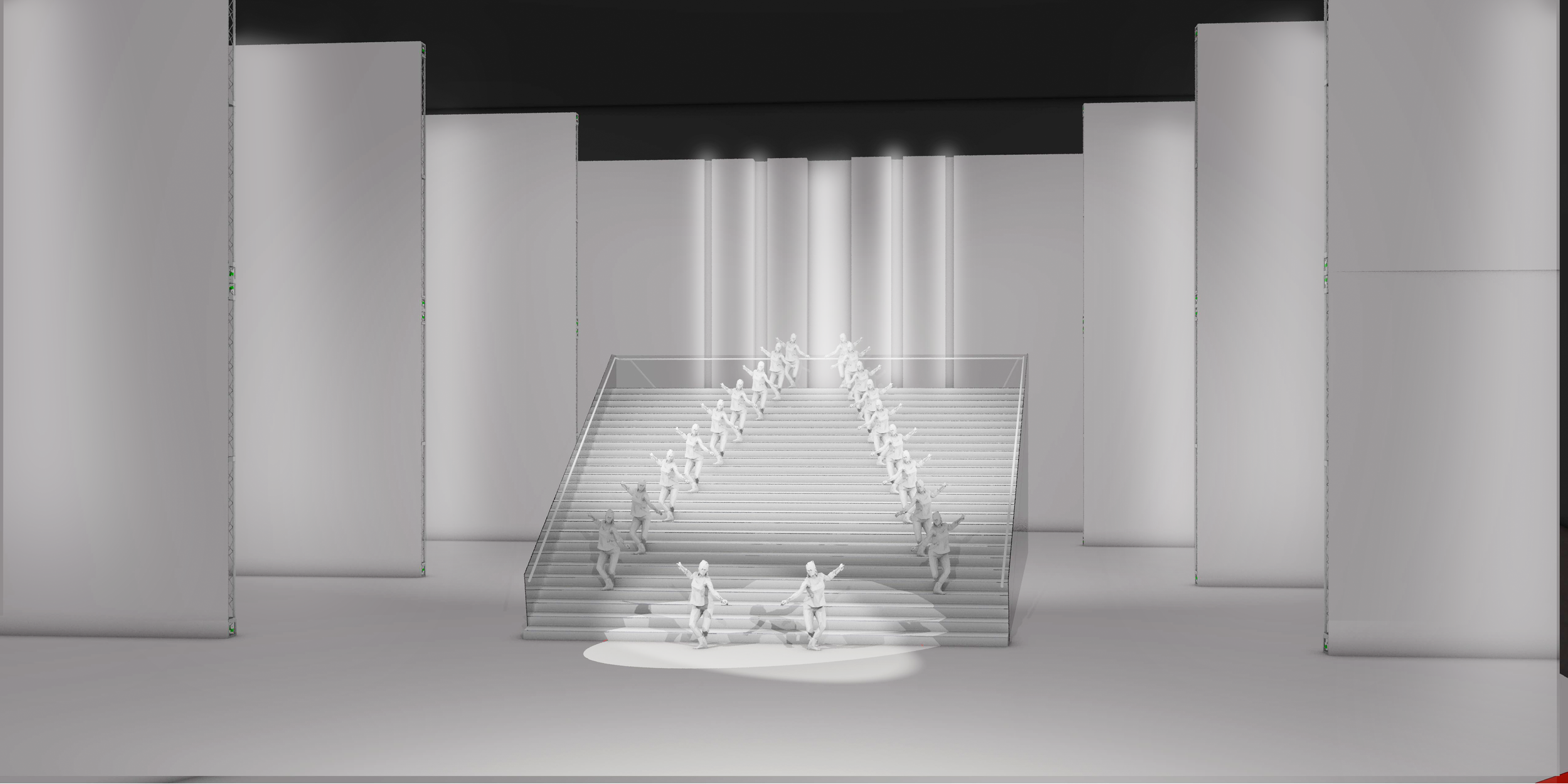 A grayscale digital rendering of a stage with a staircase leading up to a platform, featuring multiple humanoid figures dancing in various poses. Large blank panels surround the stage, and vertical light strips are positioned behind the platform.