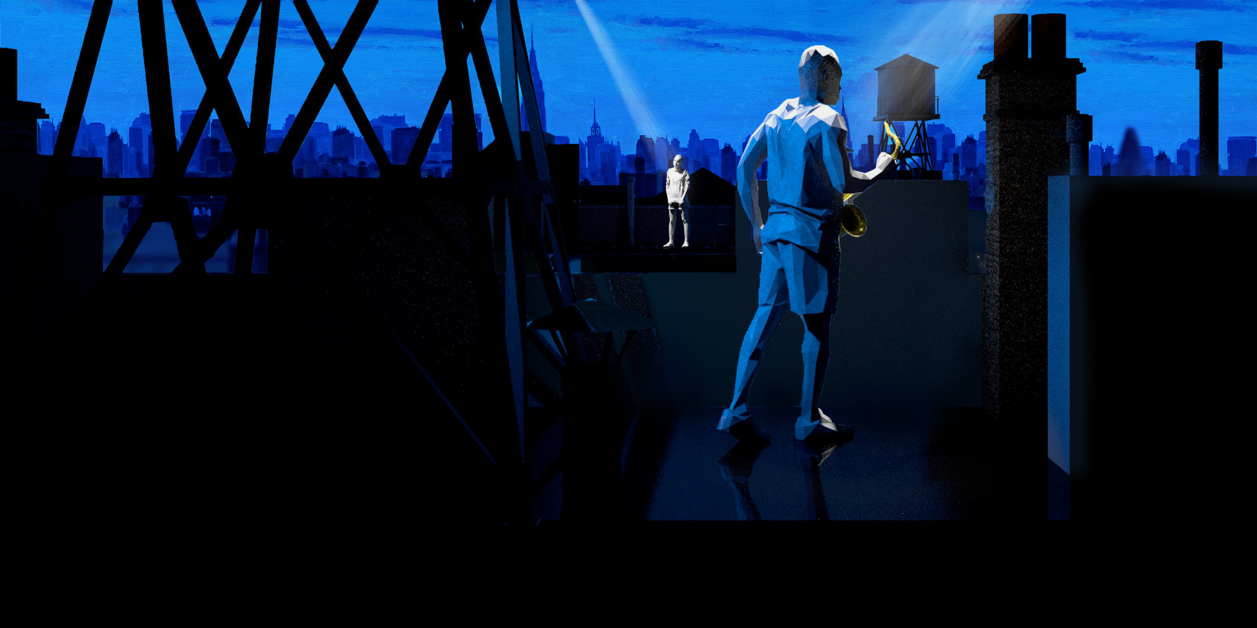 A low-poly digital illustration of a person playing a saxophone on a rooftop at night with a city skyline in the background. The scene includes a water tower, a chair, and another person standing in the distance.