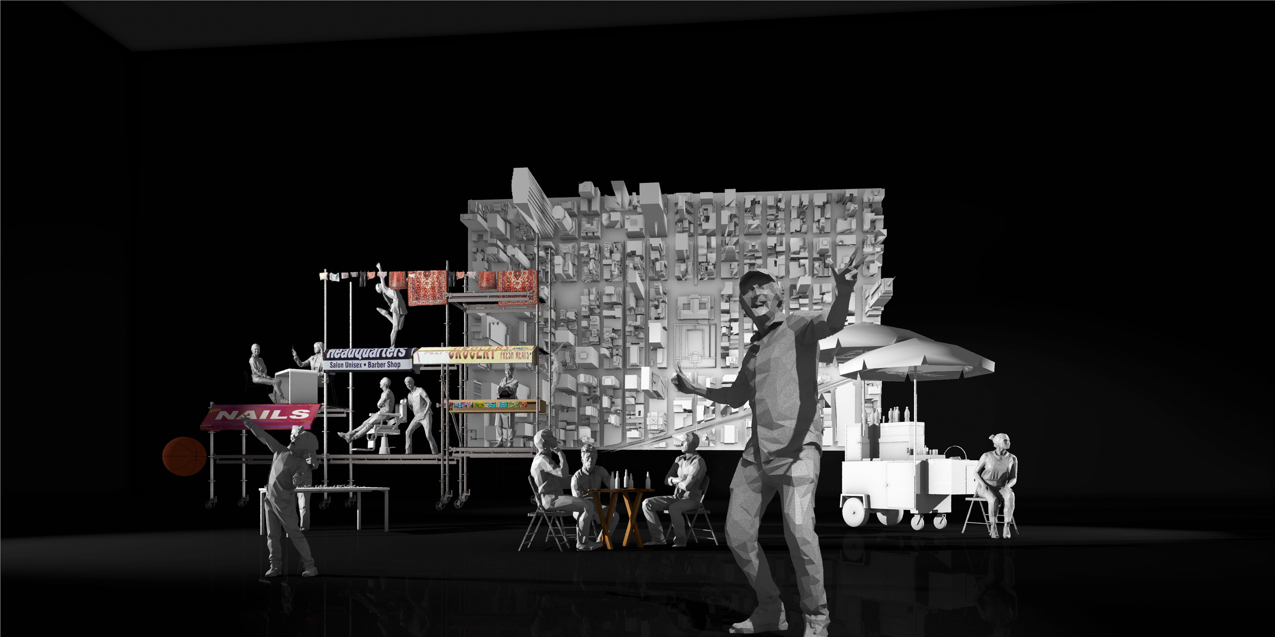 A digital 3D rendering of a busy street scene with various figures, a food stand, a seating area, and a large building in the background.