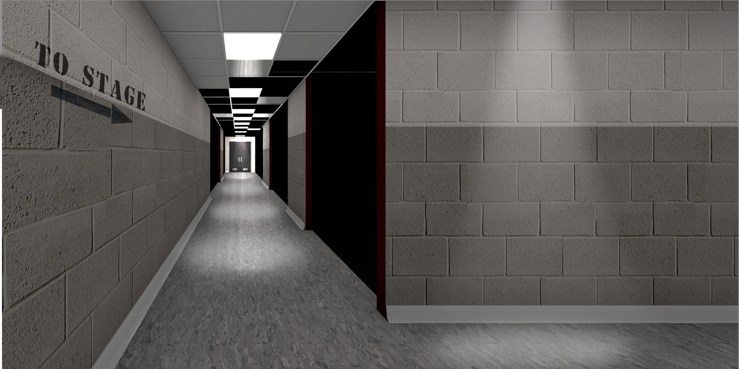 A hallway with concrete block walls, fluorescent ceiling lights, and a door at the end labeled 'TO STAGE' with an arrow pointing forward.