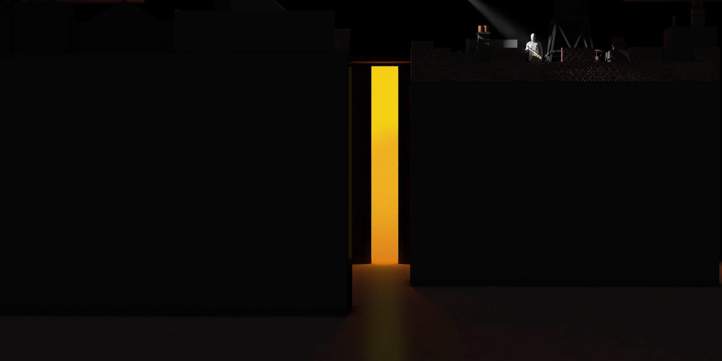 Dark room with an opening emitting warm yellow light, a statue of a man holding a musical instrument, and industrial structures in the background.