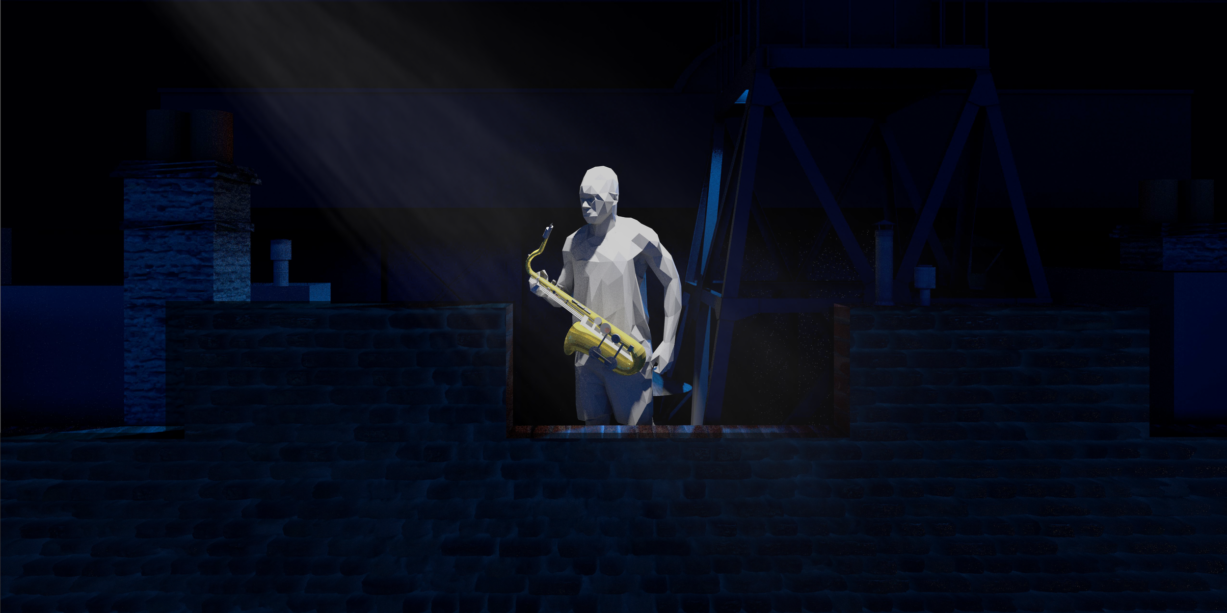 A low-polygon digital illustration of a person holding a saxophone, standing outdoors at night with a dark background, brick structures, and industrial elements.