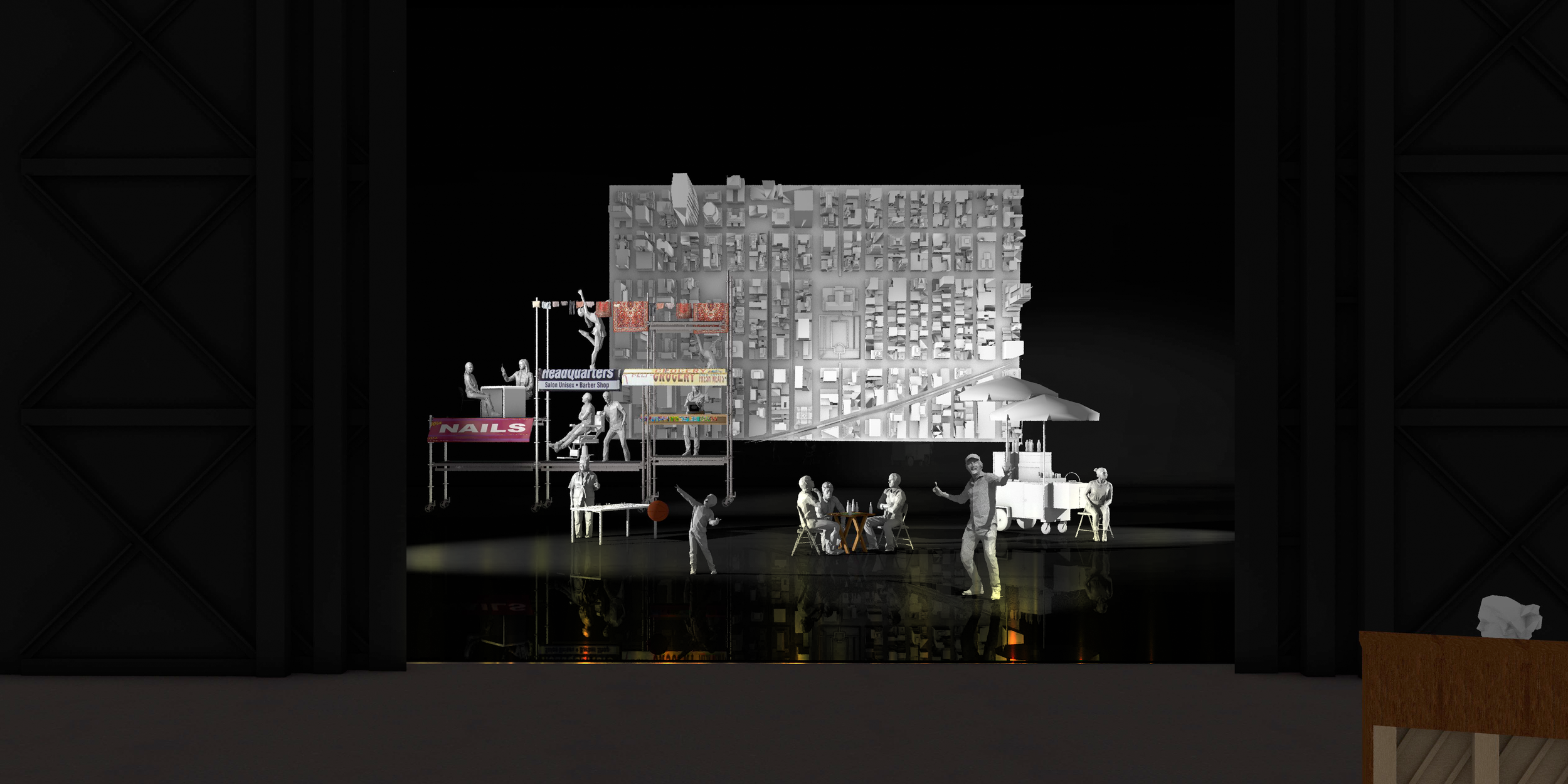 A miniature scene depicts people at a street market with a large white structure in the background. There is a construction scaffold with signs advertising nails and a hair salon, and a person on a swing. Several figures are seated at a table and other individuals are walking or standing around a food cart. The scene is set against a dark background.