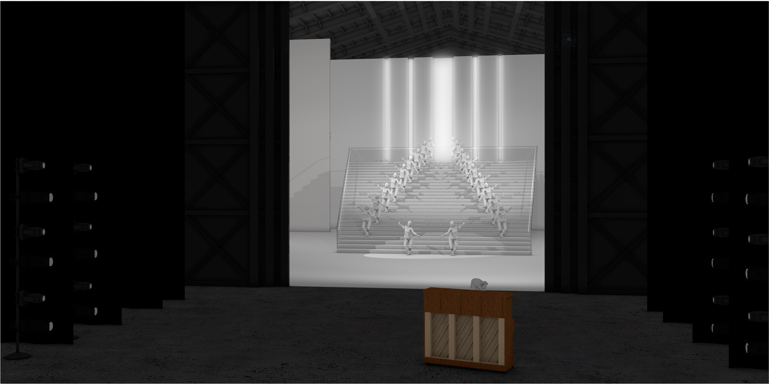 Interior view of a theatrical stage with stairs, surrounded by large black speakers, lighting equipment on the sides, and stage props.