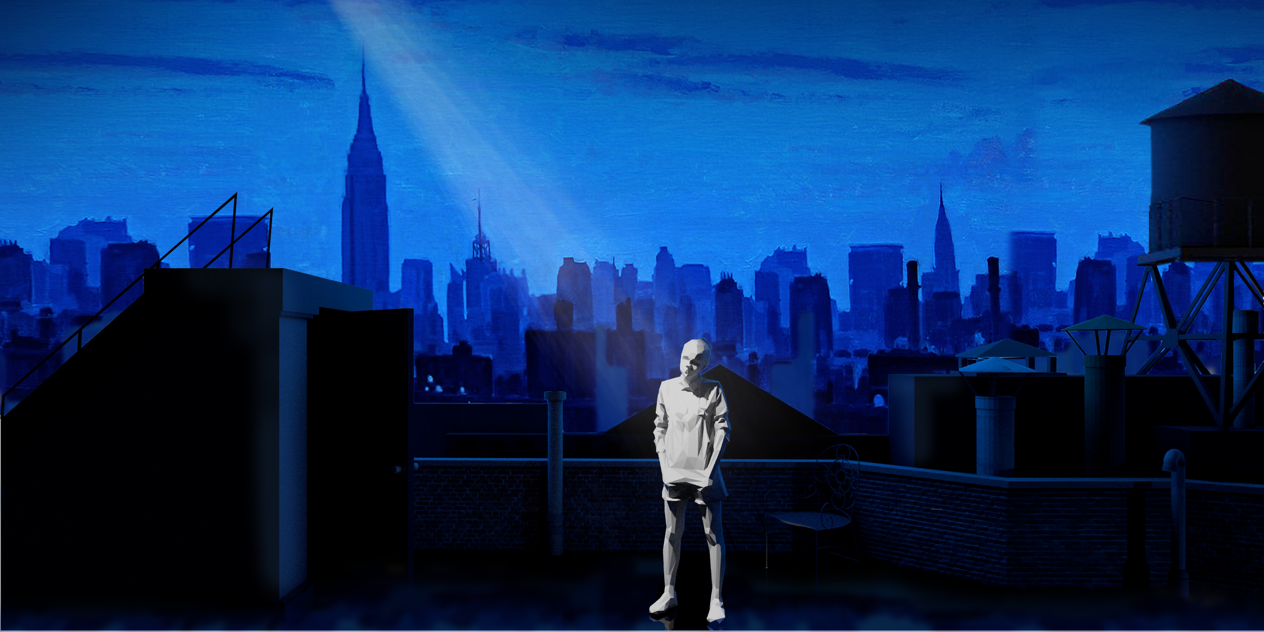A digital illustration of a man standing on a rooftop with blue city skyline in the background, including the Empire State Building, with antennas and rooftop structures visible.