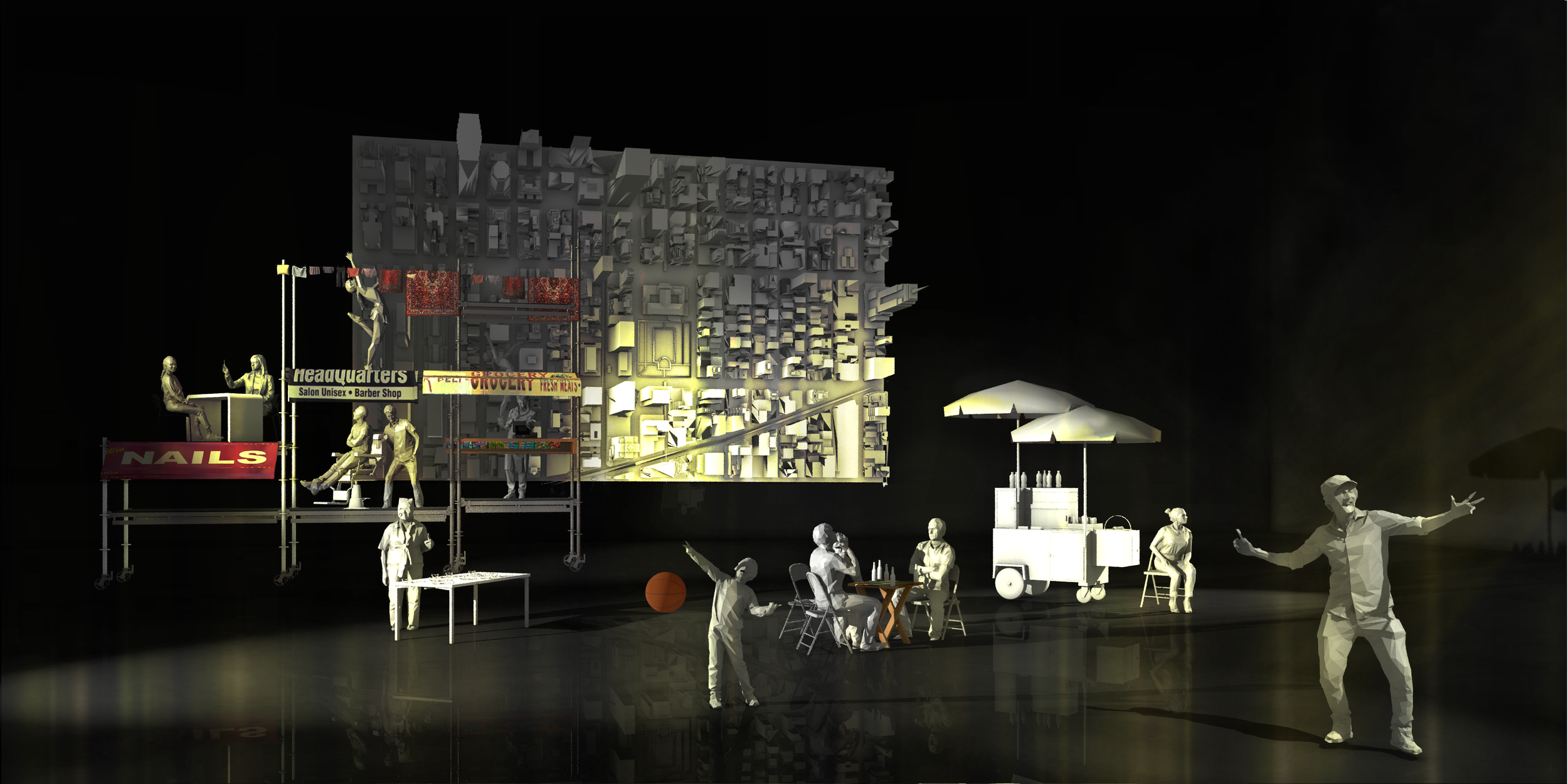 A theatrical scene with mannequins and props resembling a vibrant urban street, including a construction scaffold, street signs, people engaging in activities, and a large textured wall in the background, illuminated with spotlights.