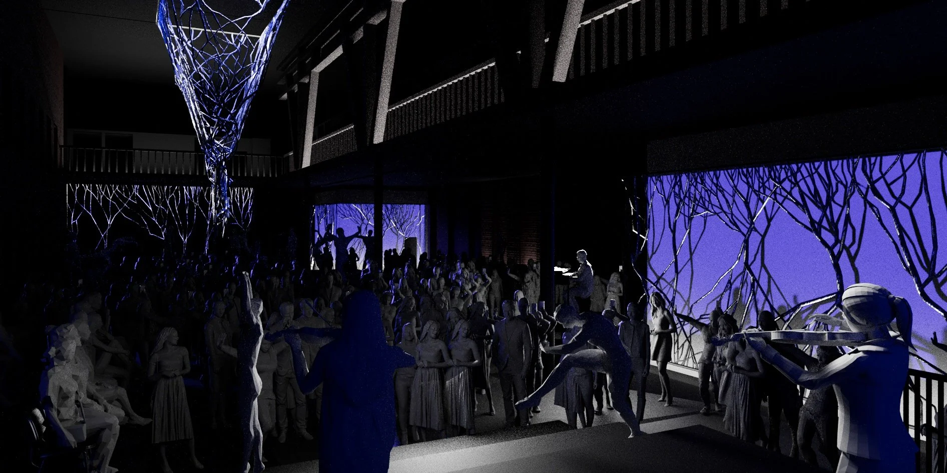 An indoor concert or event with a crowd of people, modern blue-lit art installations resembling trees, and a speaker or performer on stage.