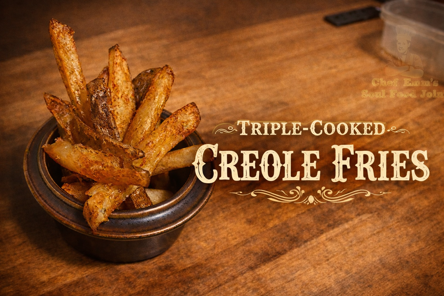 Bowl of triple-cooked creole fries on a wooden table with text overlay.