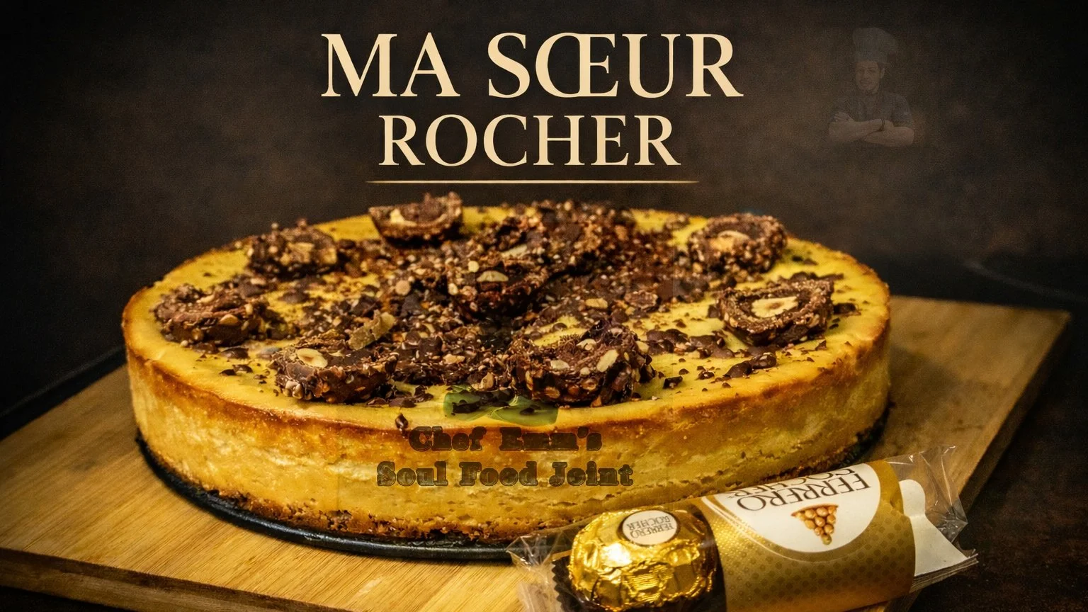 Ferrero Rocher Cheese cake on a wooden cutting board, with an opened pack of Ferrero Rocher off to the side.