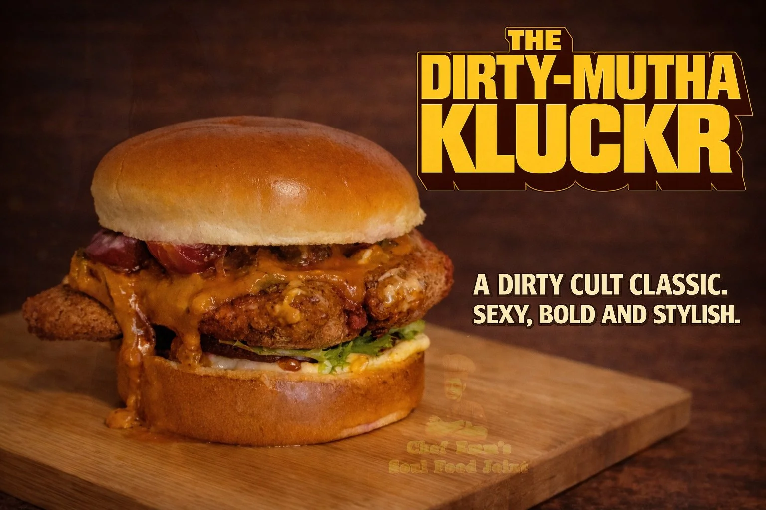 Close-up of a burger with cheese, bacon, fried chicken fillet, and lettuce in a bun on a wooden board, with text promoting "The Dirty-Mutha Klucker" burger as a sexy, bold, and stylish cult classic.