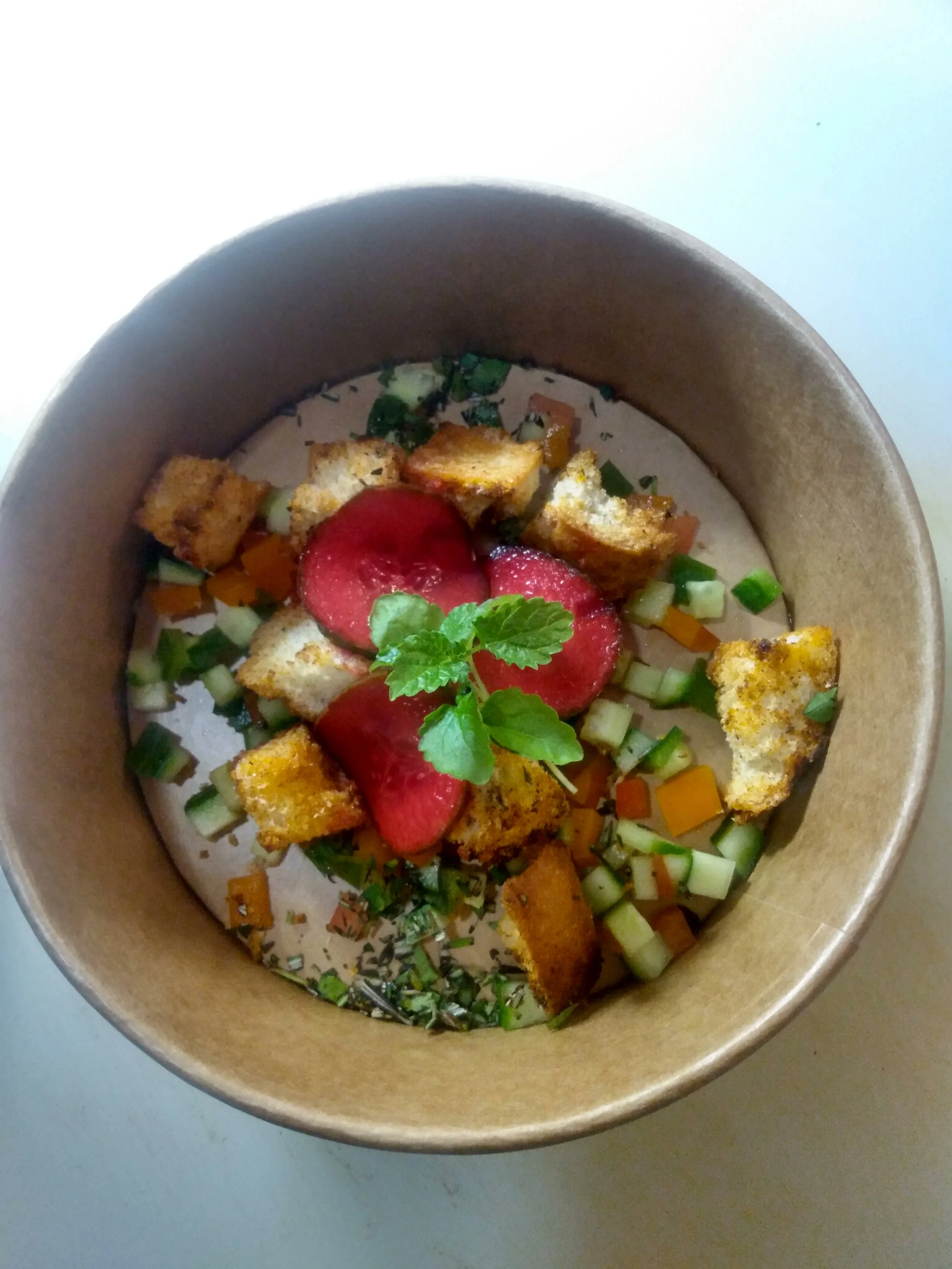 A bowl of salad with sliced pickled radishes, croutons, chopped cucumbers, bell peppers, herbs, and a lemon balm garnish.
