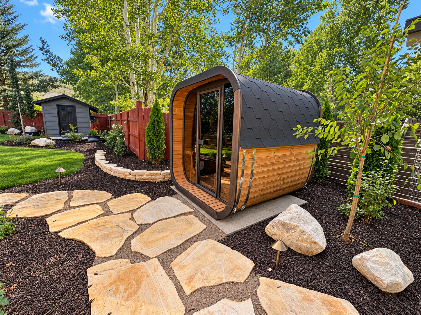 outdoor sauna with browns canyon flagstone