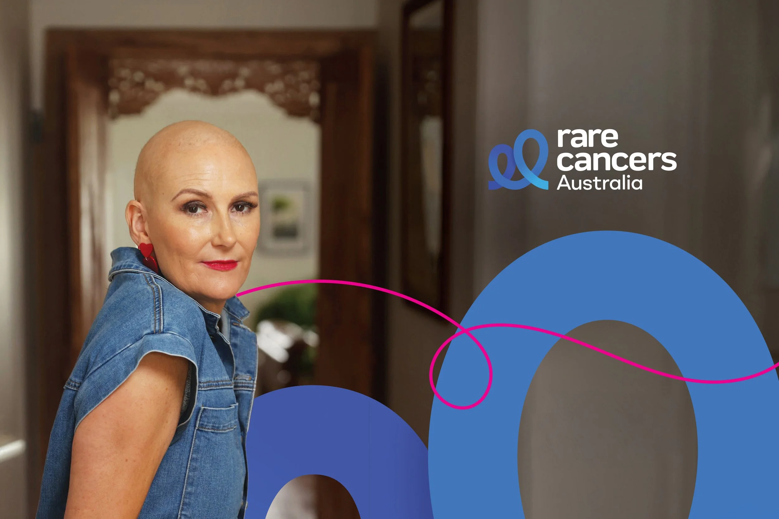 Rare Cancers Australia logo and hero image of woman with shaved head