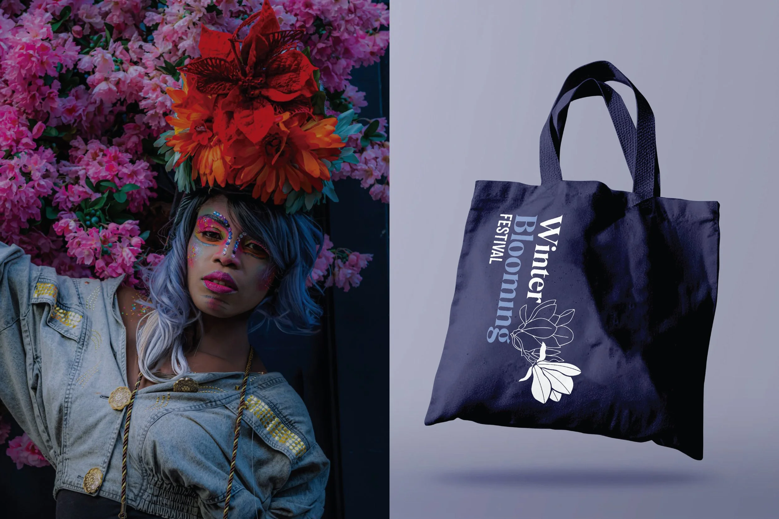 New England Regional Art Museum (NERAM) Winter Blooming Festival 2025 tote bag and image of person surrounded by flowers