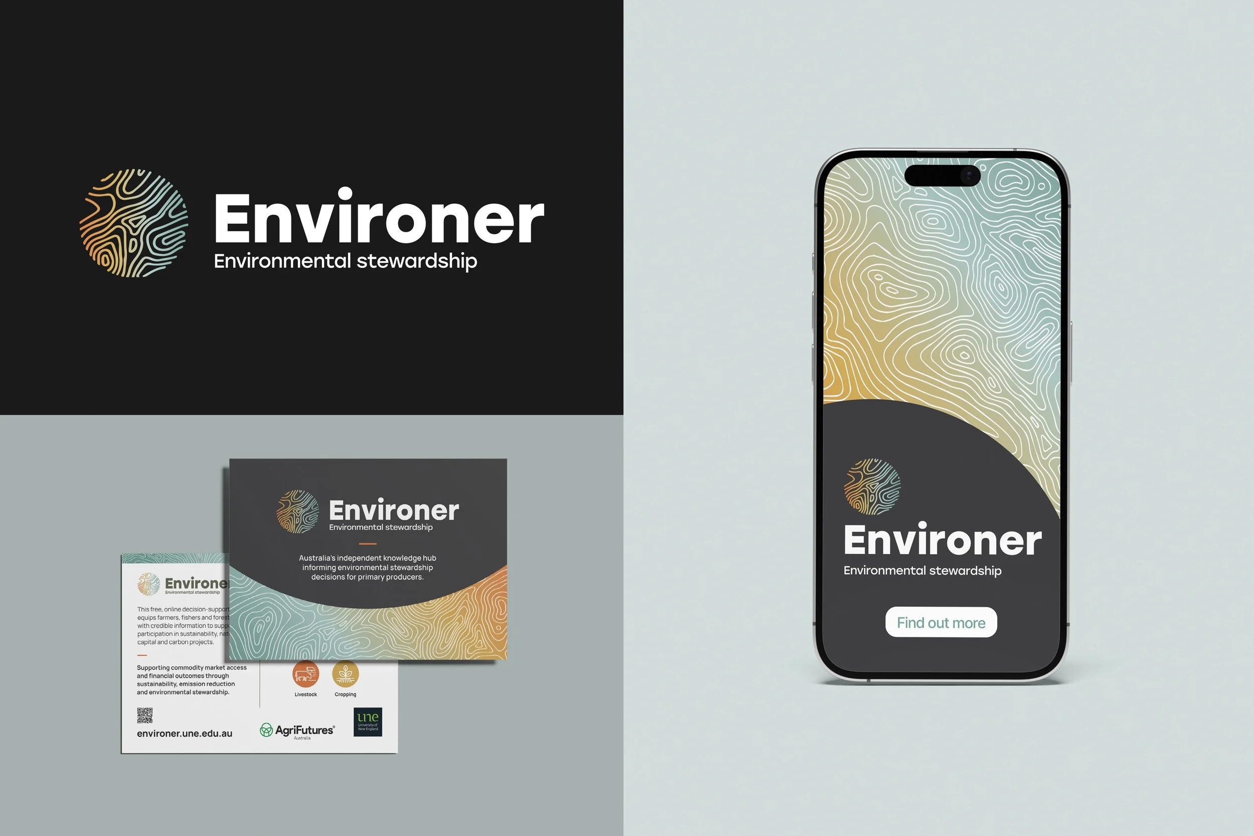 Environeer logo, postcard and iphone mockup