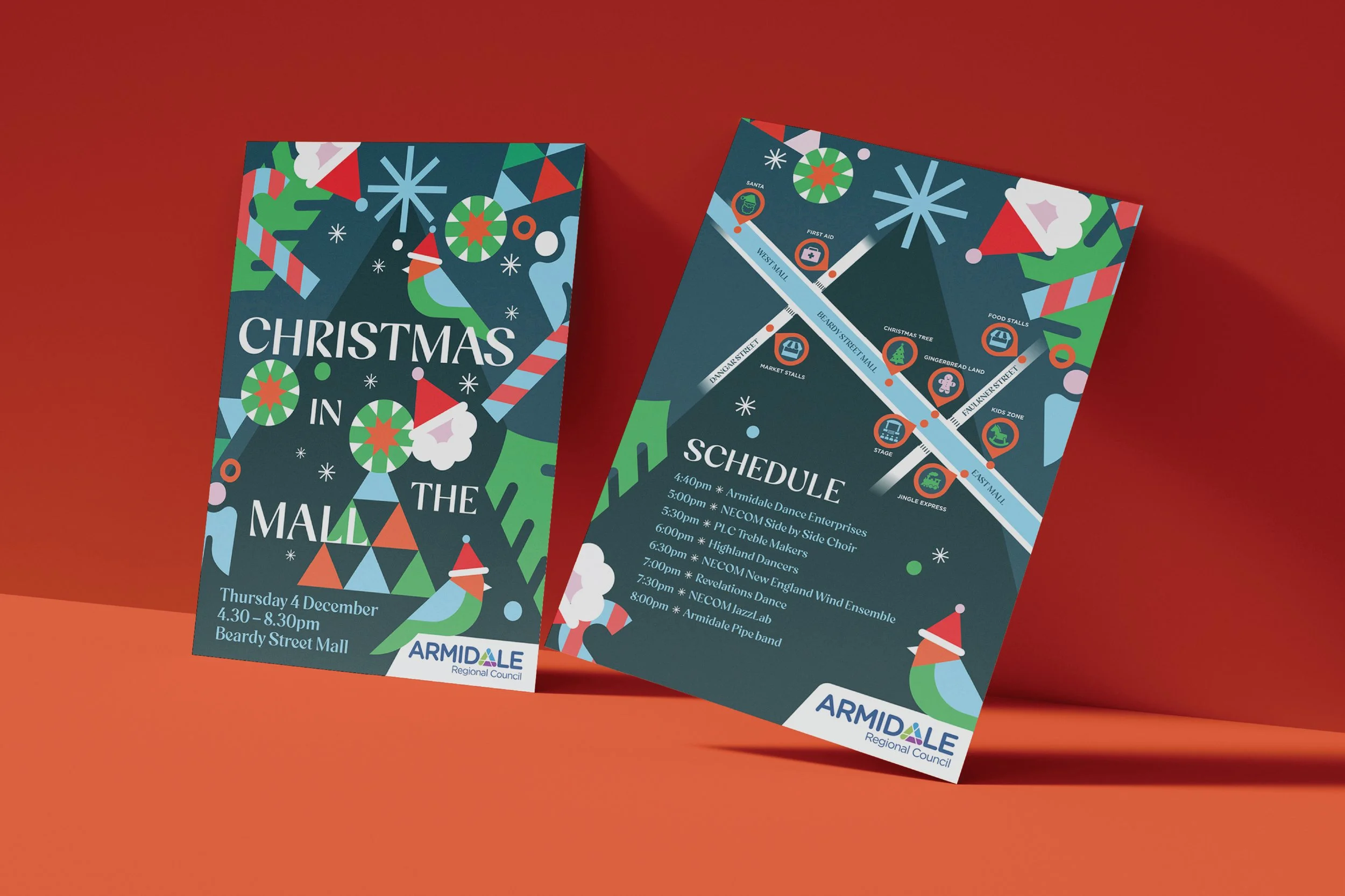 Armidale Regional Council Christmas in the Mall event flyer and map