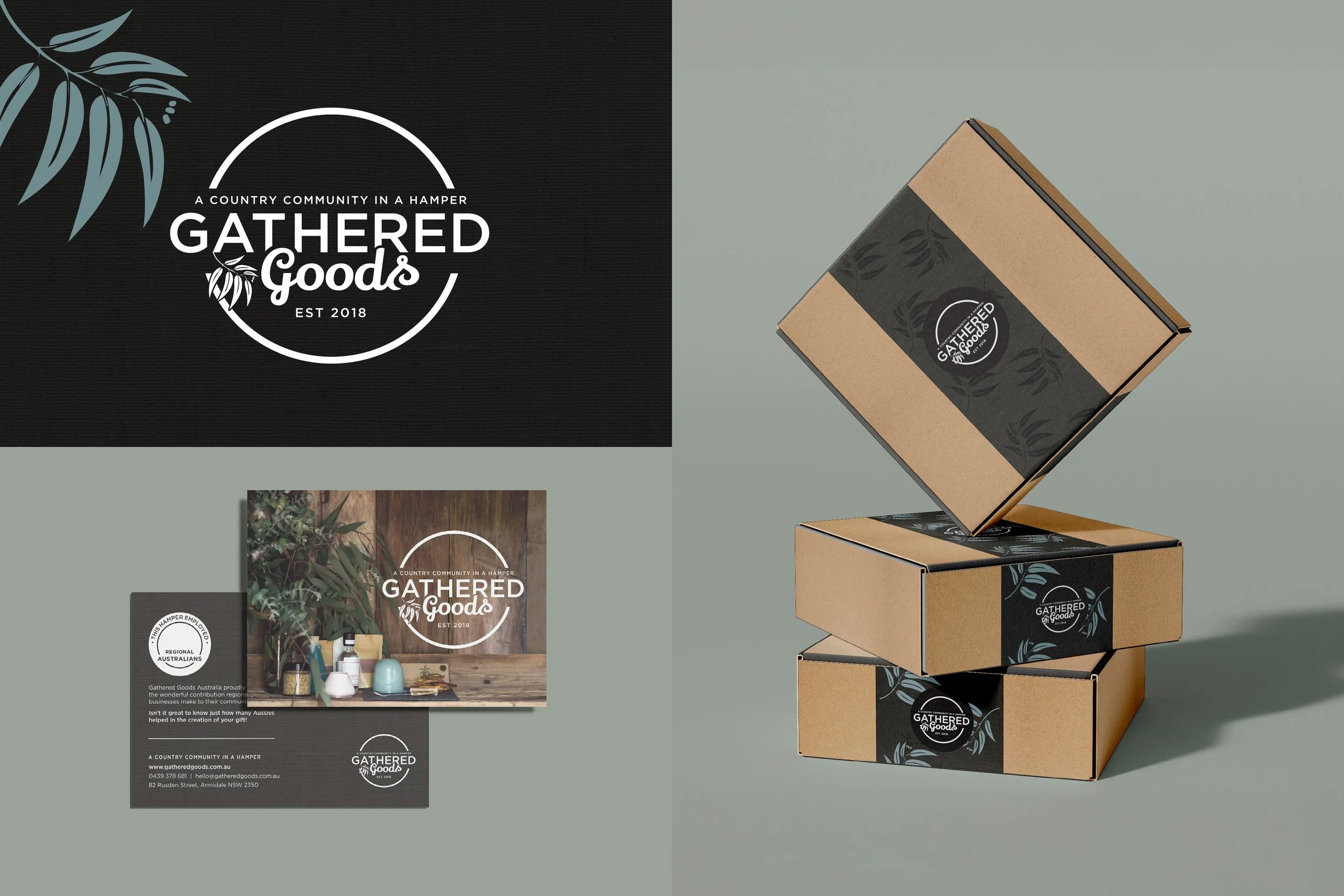 Gathered Goods logo, postcard and packaging mockup