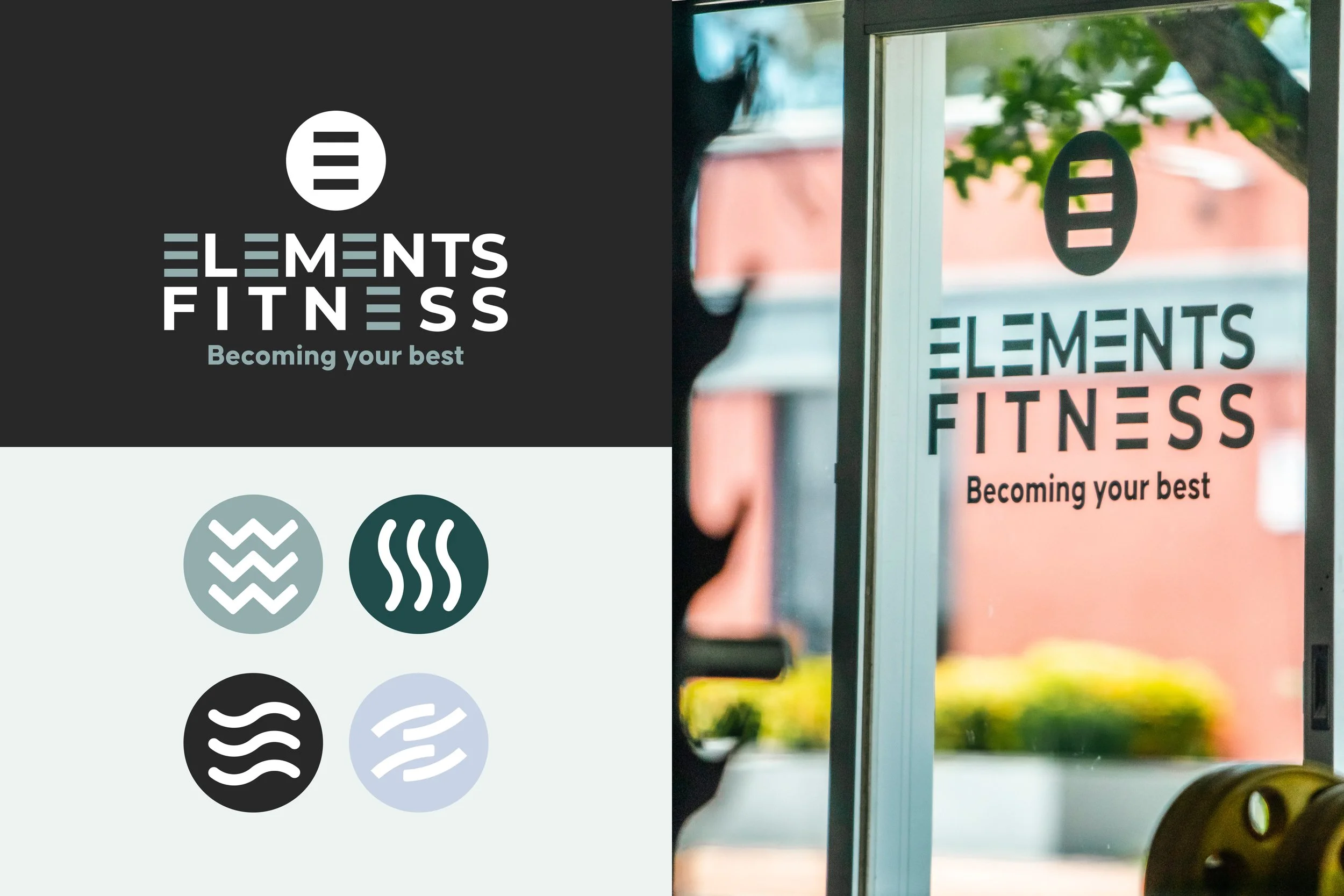 Elements Fitness, logo, icons and image showing logo signage on glass