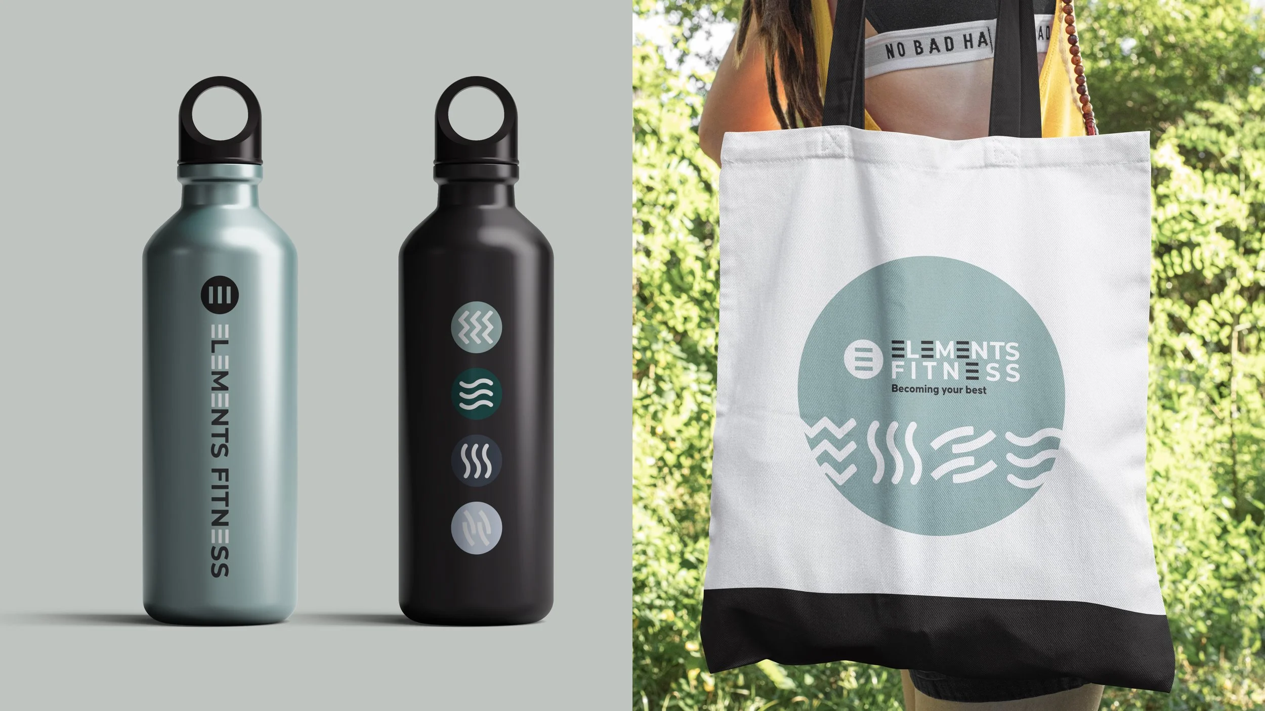 Elements Fitness water bottle and tote bag