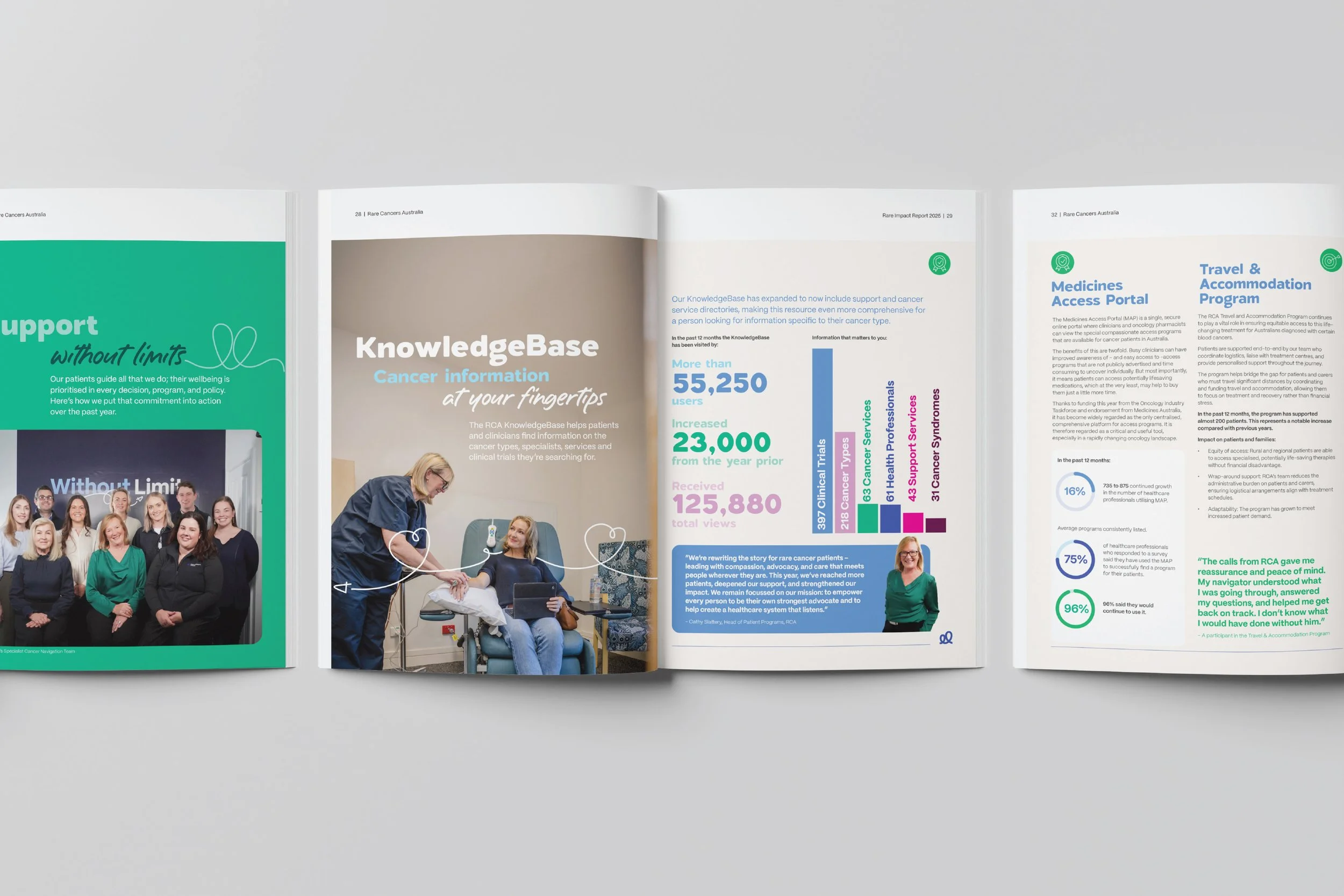 Rare Cancers Australia sample page design spreads