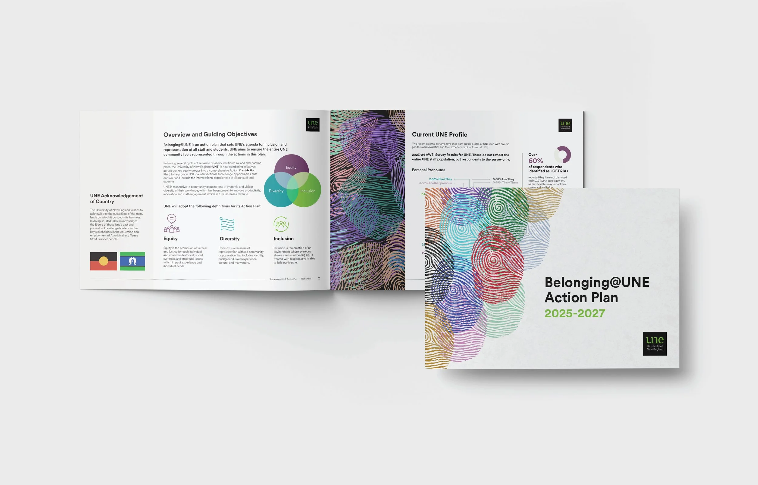 UNE report cover and sample spread