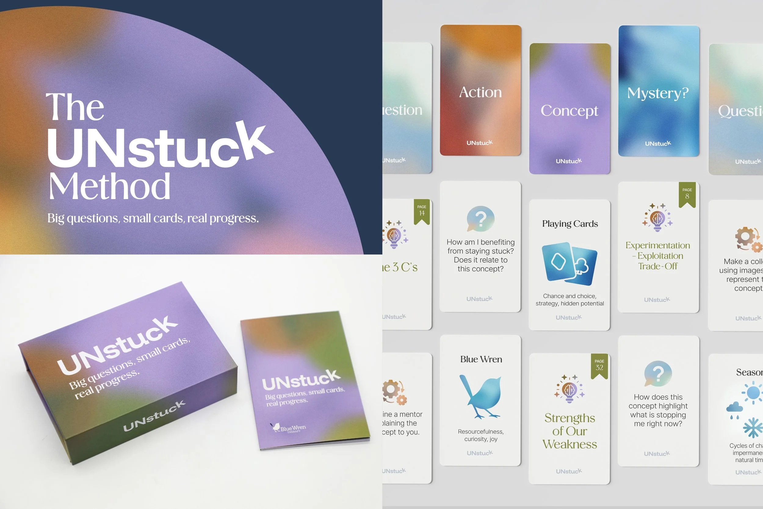 The Unstuck Method logo, card game packaging and selection of cards