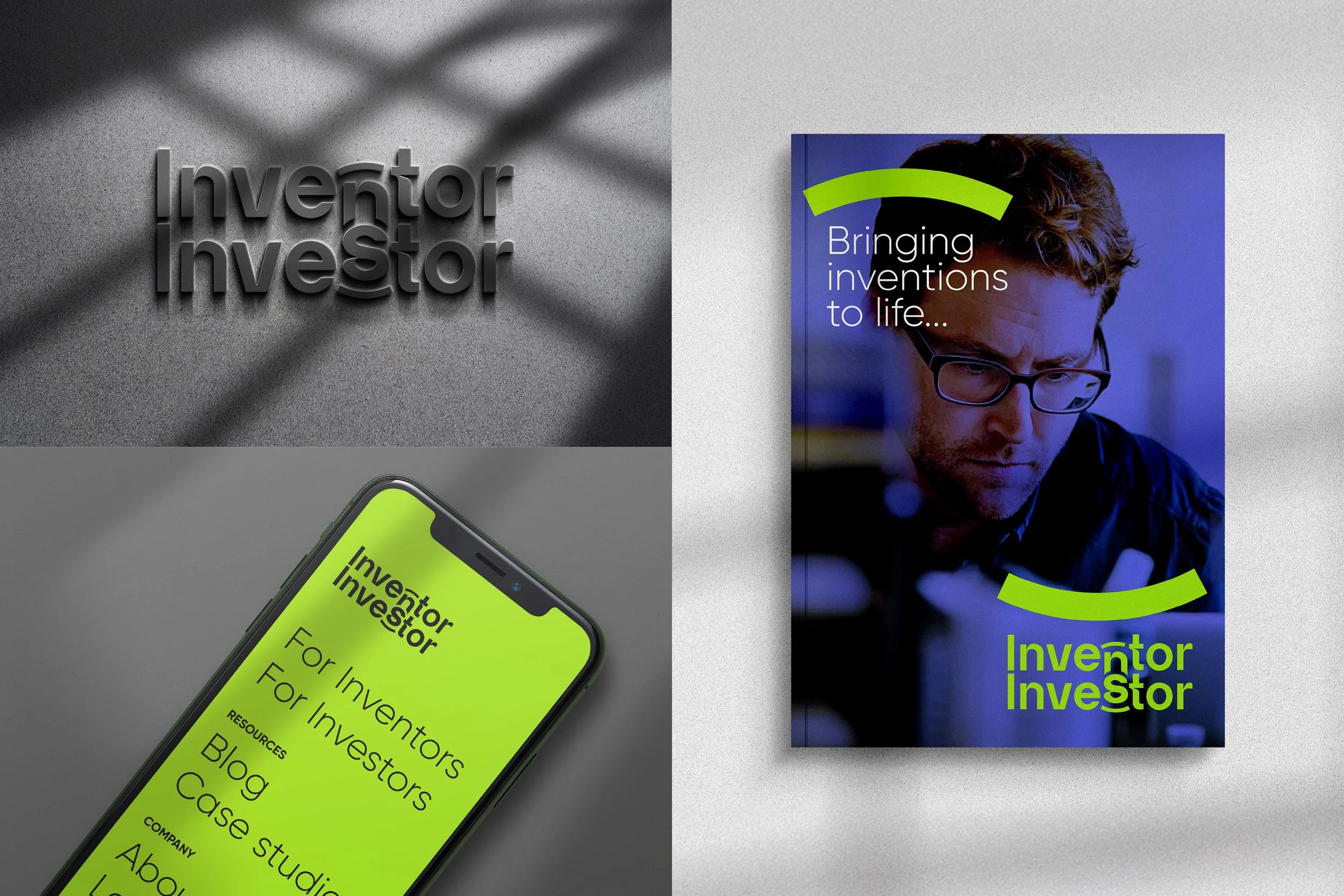 Inventor Investor logo, brochure cover and iphone homepage mockup