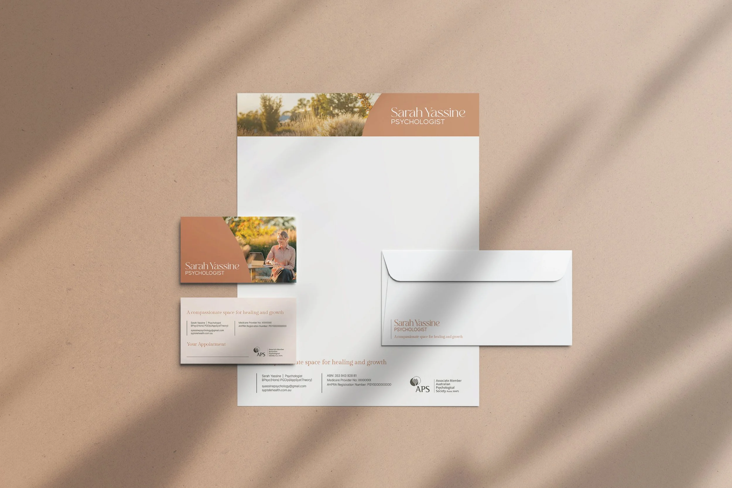 Sarah Yassine Psychology stationery set showing business card, letterhead and envelope