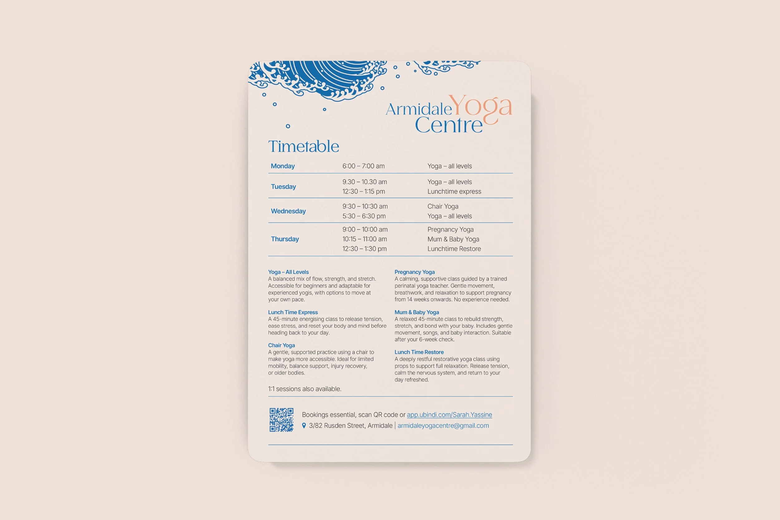 Armidale Yoga Center A5 timetable