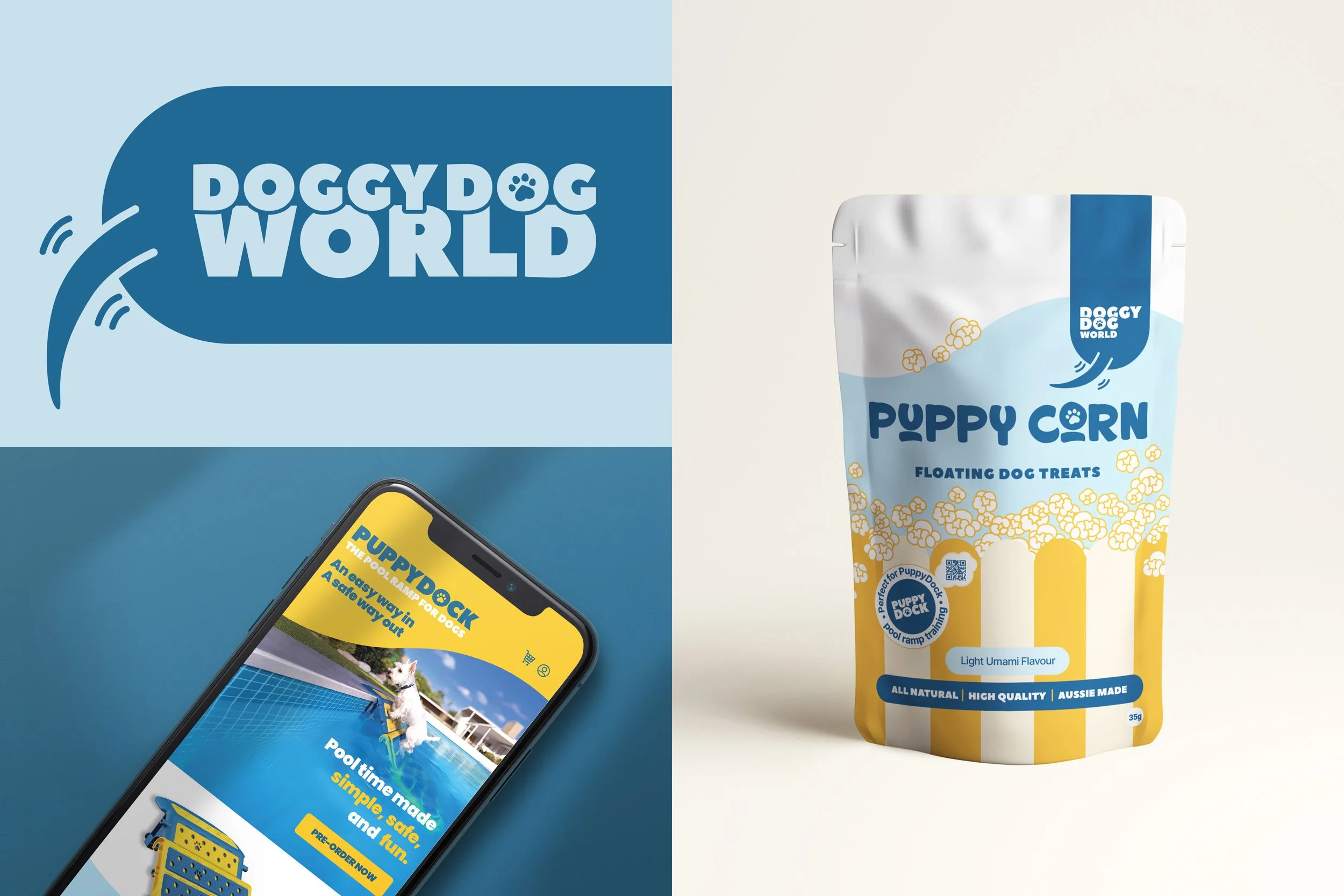 Doggy Dog World logo, Puppycorn packing mockup and PuppyDock homepage on iphone