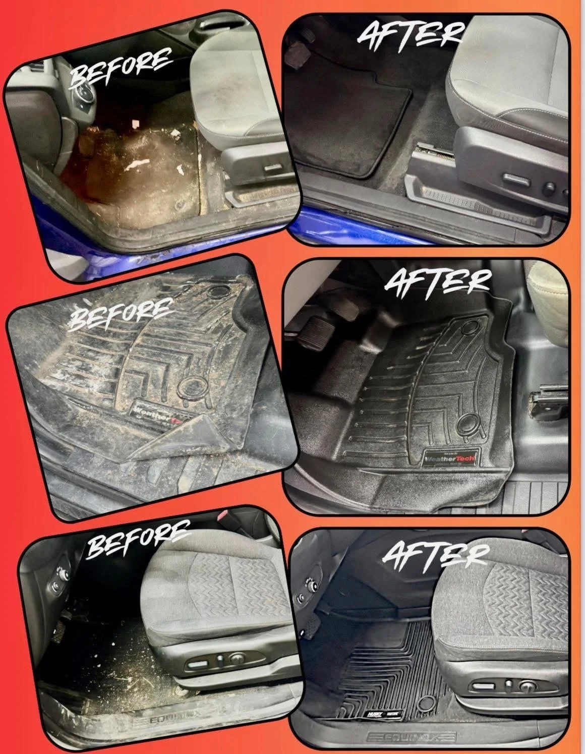 Comparison of before and after photos of car interior cleaning. Top row shows front and back seat areas dirty before cleaning, and clean after. Bottom row shows dirt and grime on floor mats before cleaning, and a clean, dirt-free floor mats after cleaning.