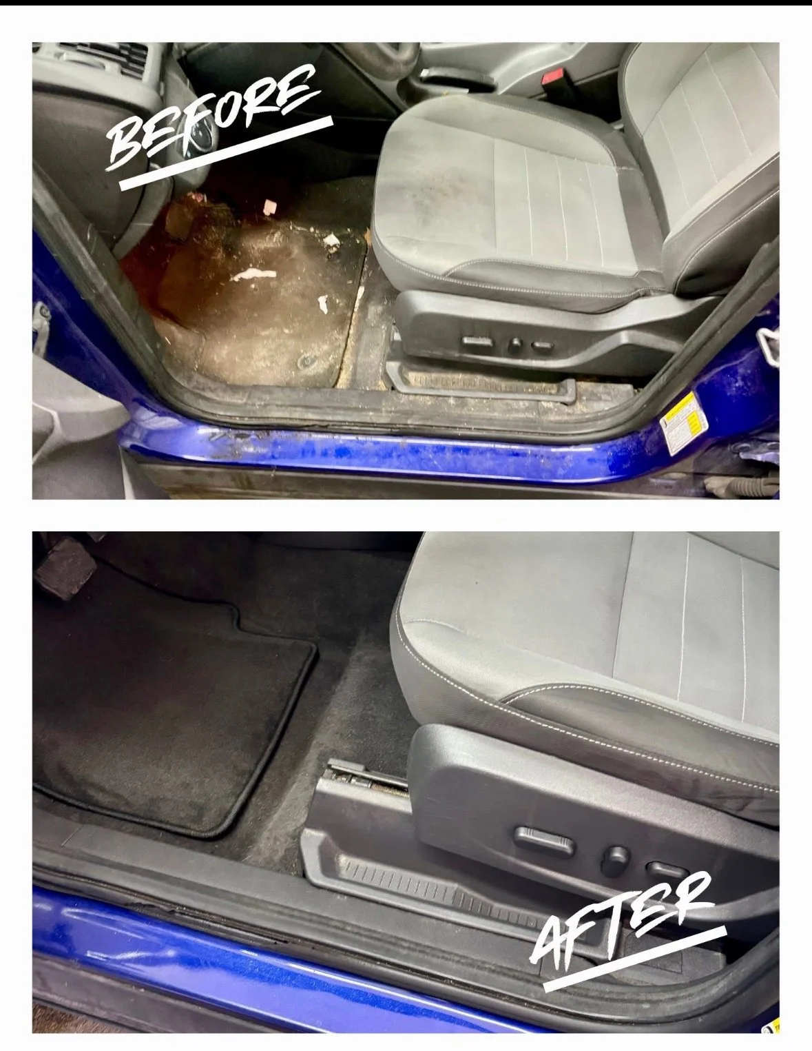 Comparison of car interior showing dirt, front passenger side floor with debris in the top image and clean, tidy floor with new floor mat in the bottom image.