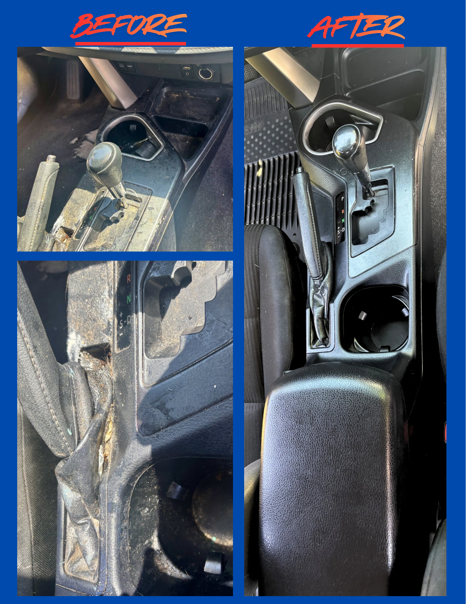 Comparison of car interior before and after cleaning. The left side shows a dirty, dusty, and stained area near the gear shift, with debris. The right side shows the same area after cleaning, with a spotless and clean surface, free of dust and stains.