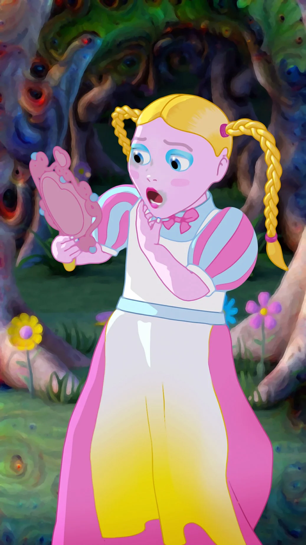 A young girl with blonde hair styled in two braids, wearing a pink and blue dress, holding a pink mirror with a surprised expression on her face, standing in a colorful, enchanted forest with twisted trees and blooming flowers.