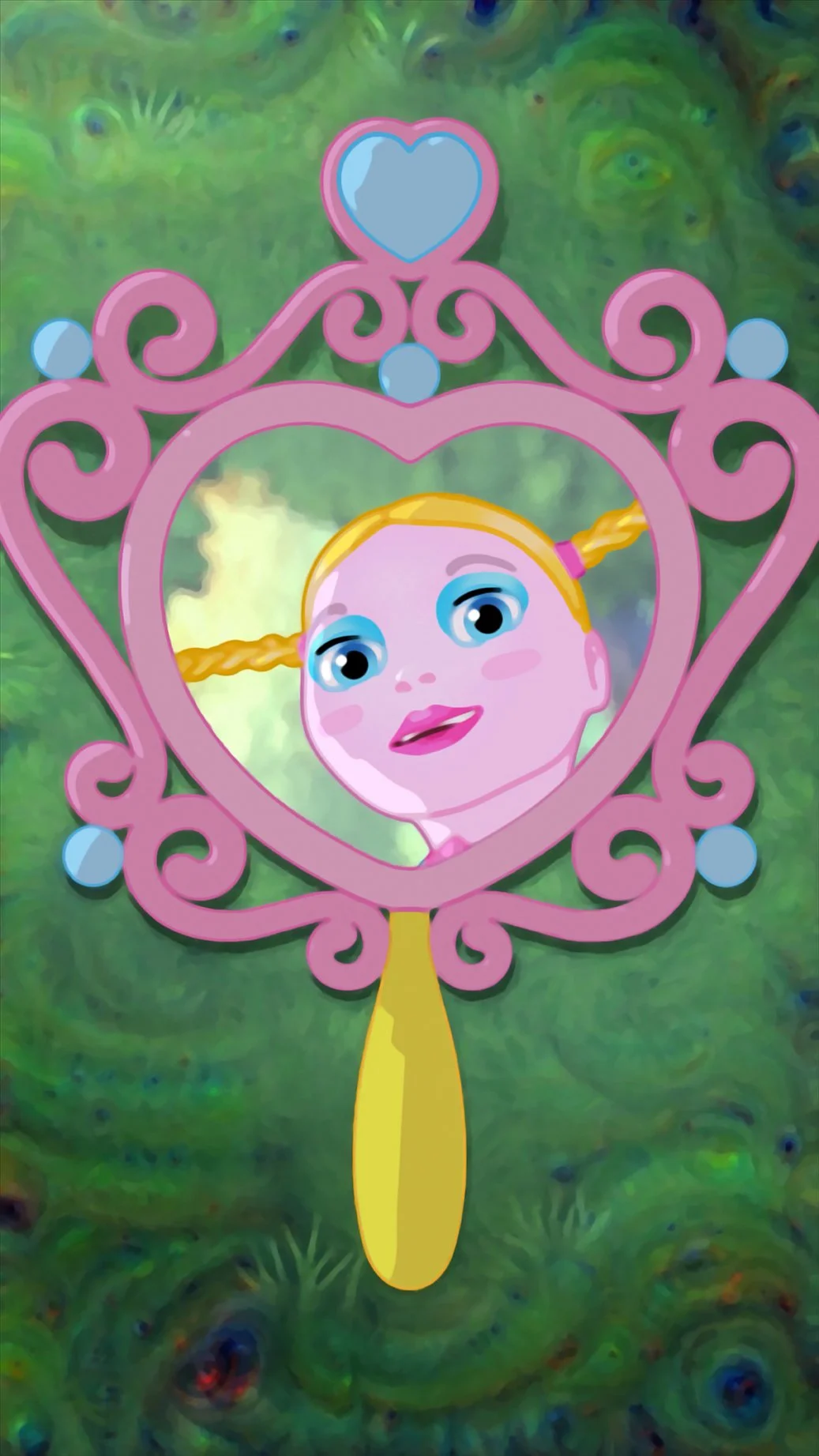 A colorful illustration of a handheld mirror with an ornate pink frame, reflecting the face of a young girl with blond hair styled in two braided pigtails, set against a background resembling Van Gogh's painting style.